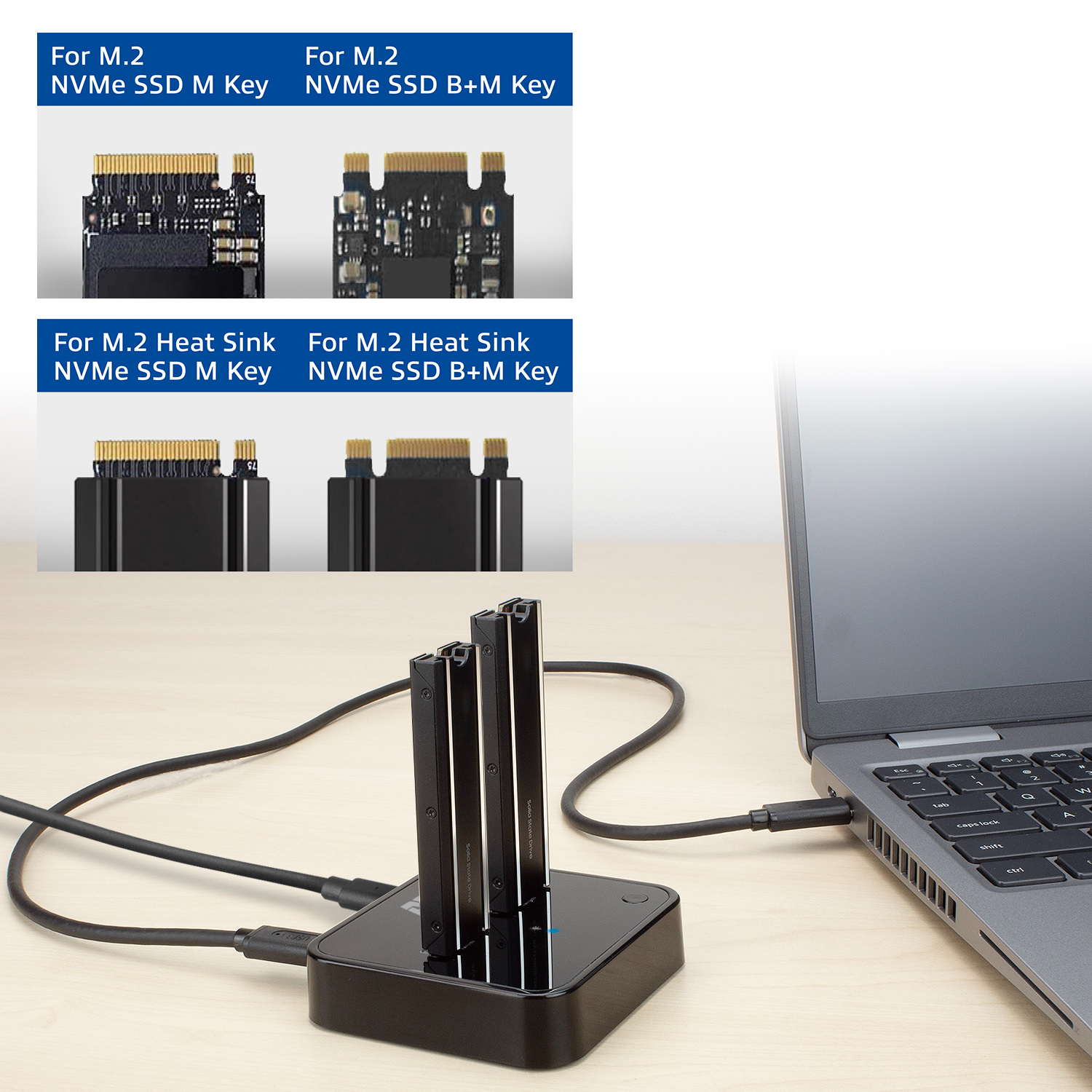 Diagrams of M.2 SSDs and a laptop connected to a docking station with black cables. Text labels are present.