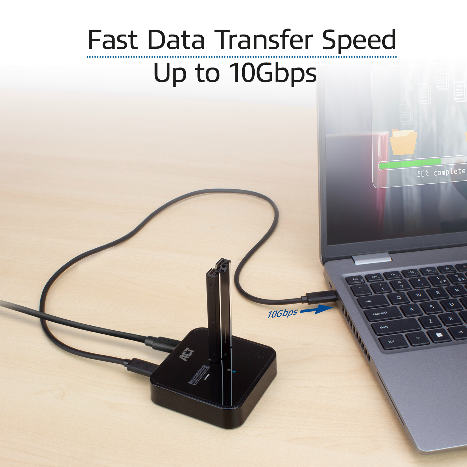 A black USB hub connected to a laptop, showing data transfer.