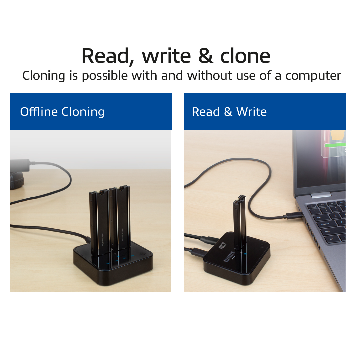 Image shows two setups for data cloning. One with a laptop, the other with a docking station.