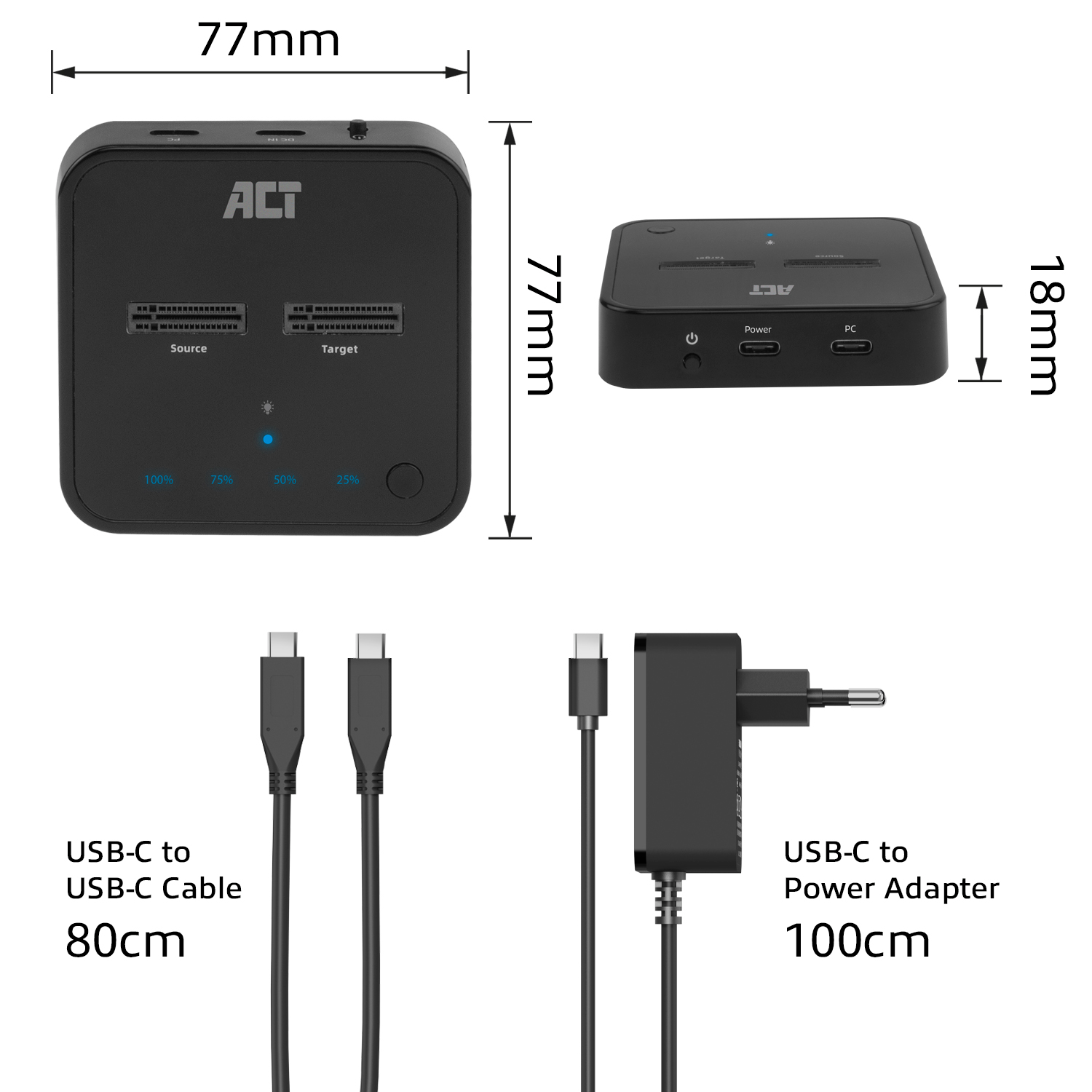 Diagram with black square device, cables, and text, showing dimensions and connections for data transfer.