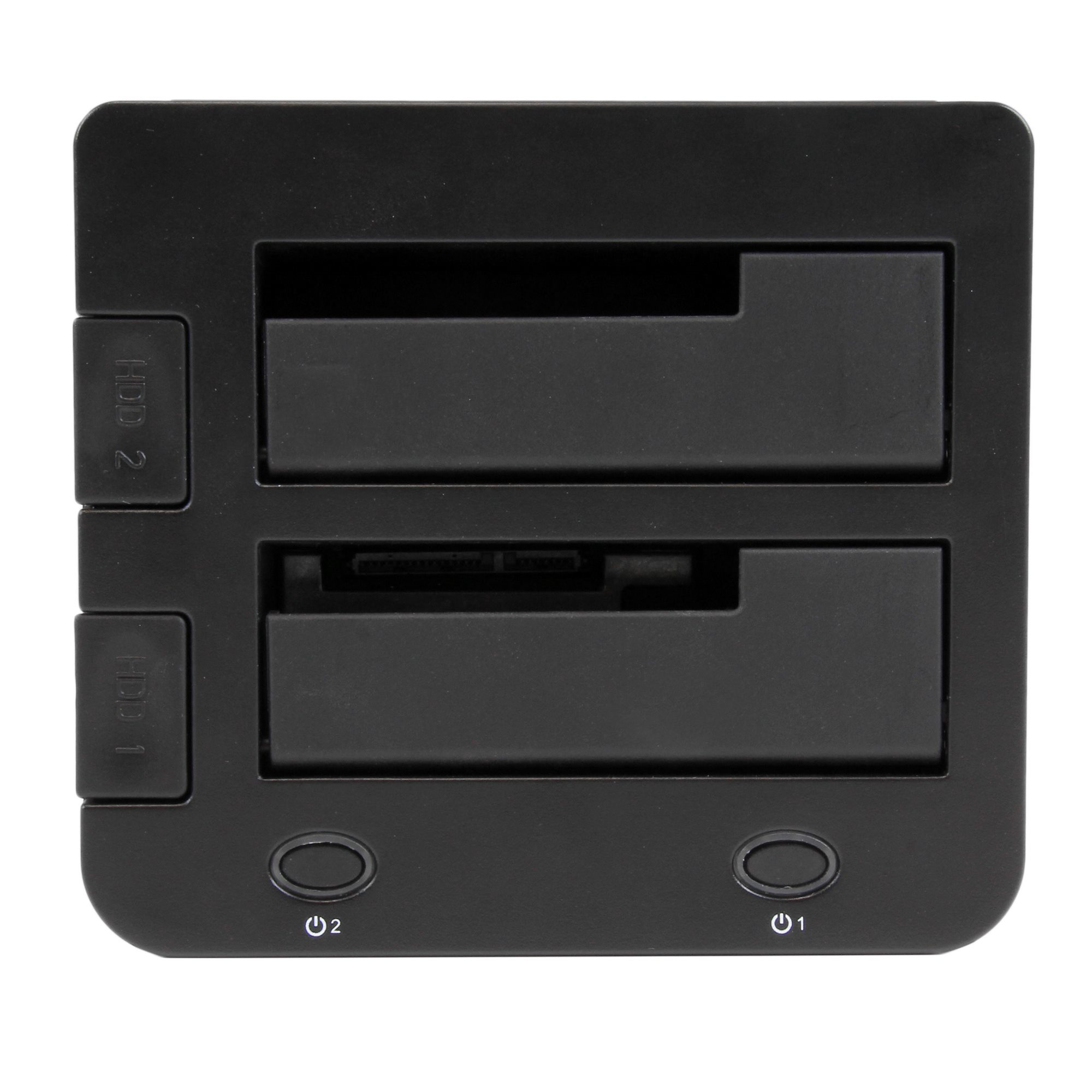 Ein schwarzes Festplattengehäuse mit zwei Steckplätzen mit der Bezeichnung HDD 1 und HDD 2 sowie Ein-/Aus-Schaltern.