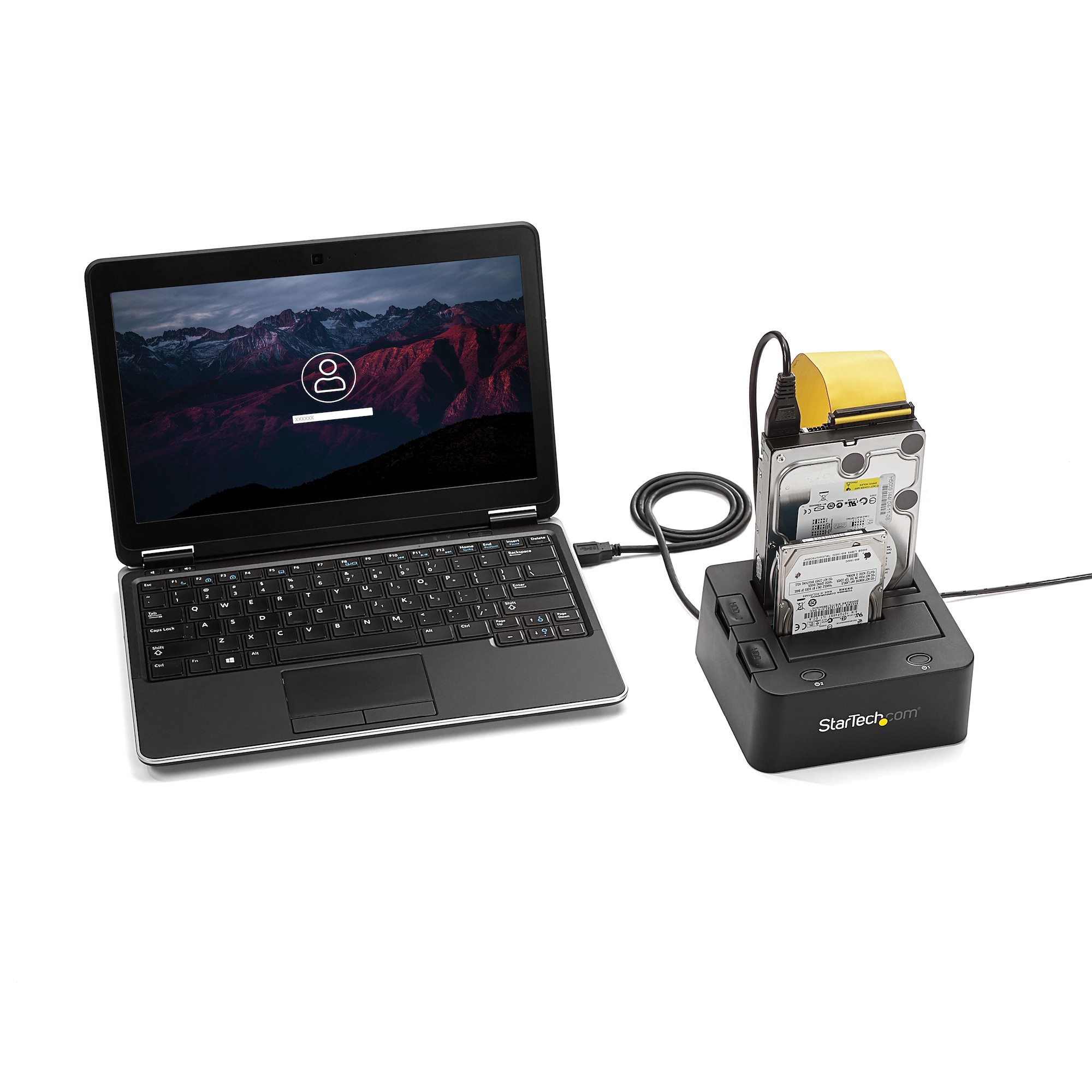Laptop mit Festplatten-Dockingstation verbunden, mit eingelegter Festplatte.