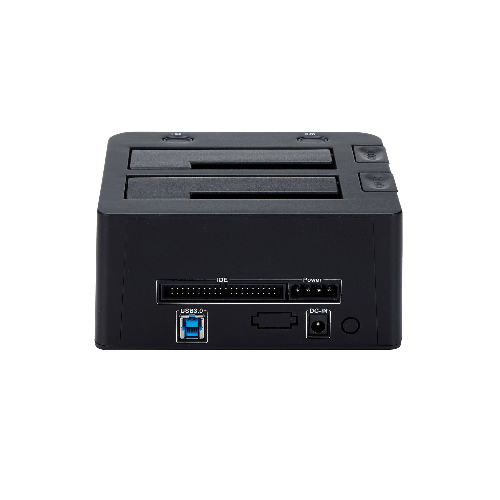Eine schwarze Festplatten-Dockingstation mit USB 3.0-, IDE- und Stromanschlüssen, isoliert auf Weiß.