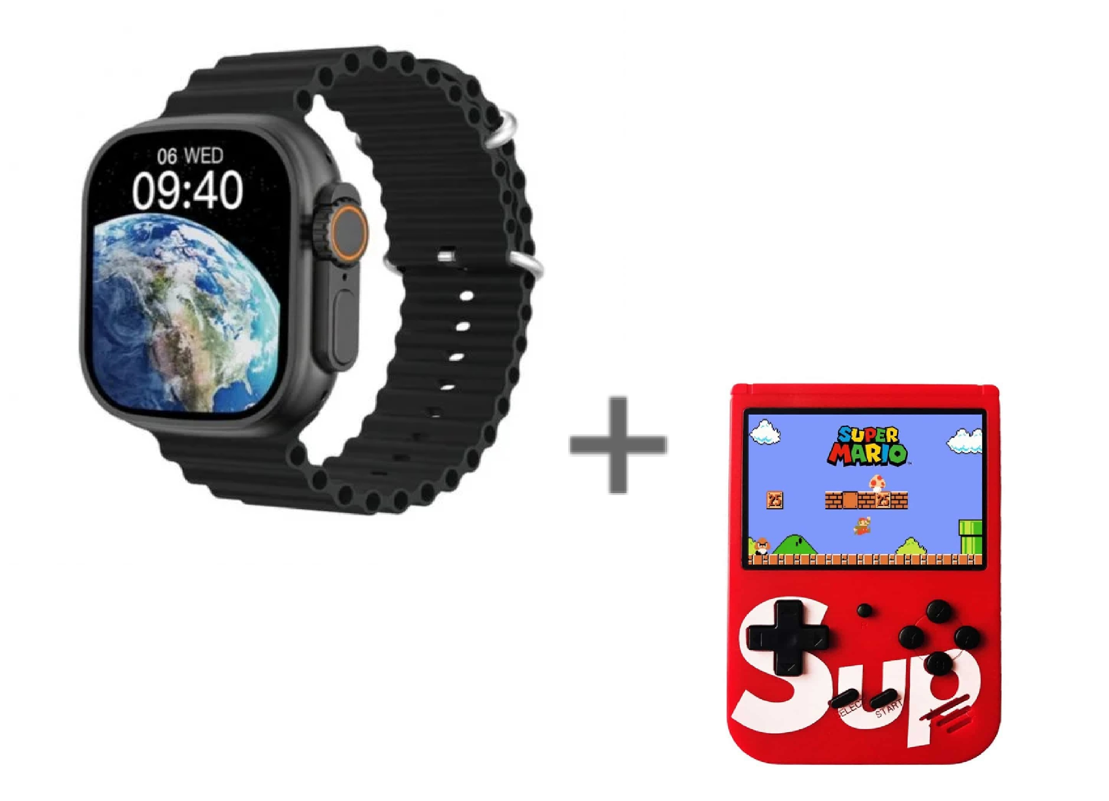 Smartwatch con mapa del mundo y una consola Super Mario sobre fondo blanco.