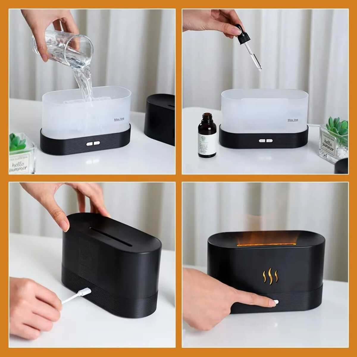 Cuatro imágenes que muestran las etapas de un difusor negro llenándose con agua y aceite.