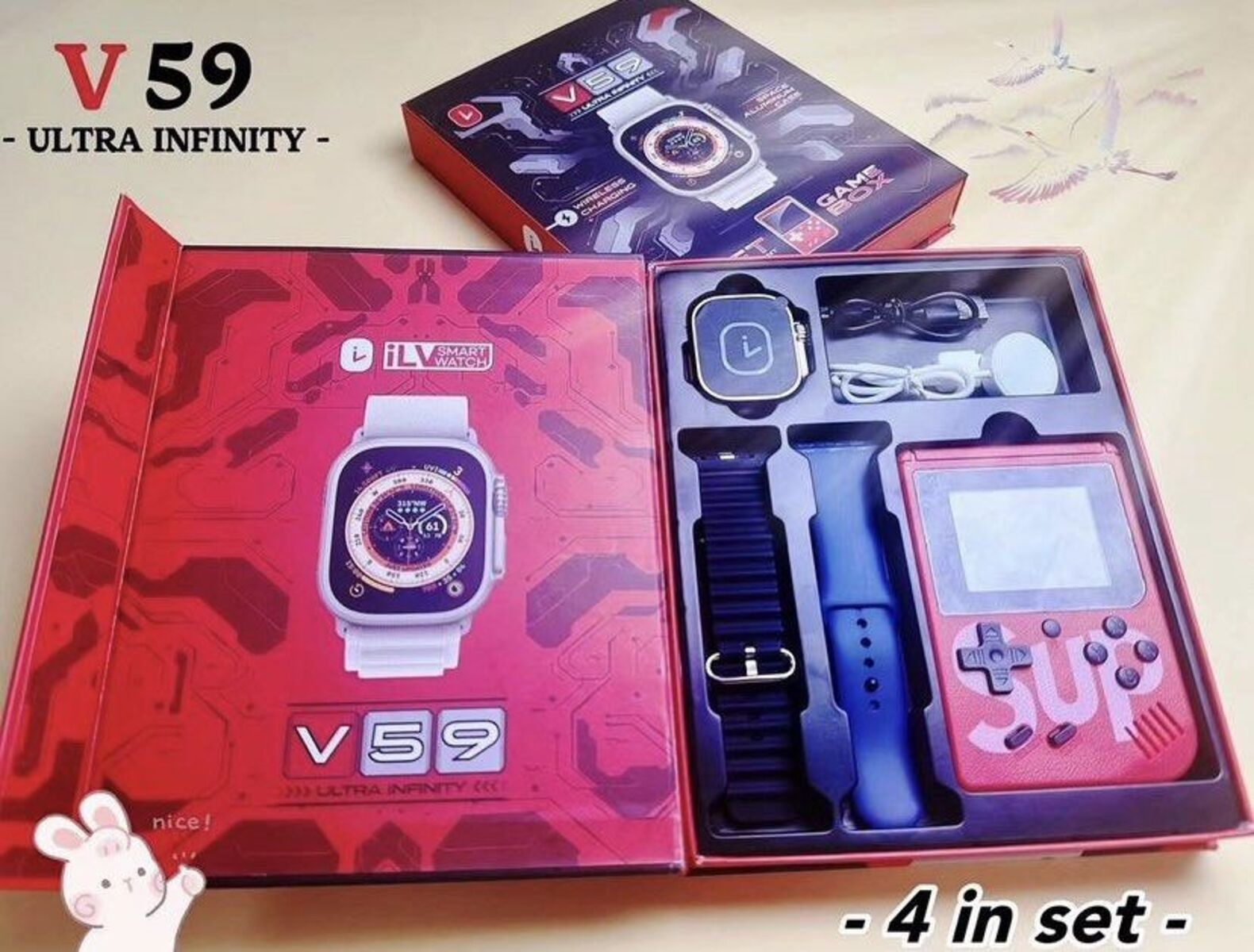 Caja de regalo con reloj inteligente, correas y consola de juegos. La caja tiene varios accesorios. Rojo y blanco.