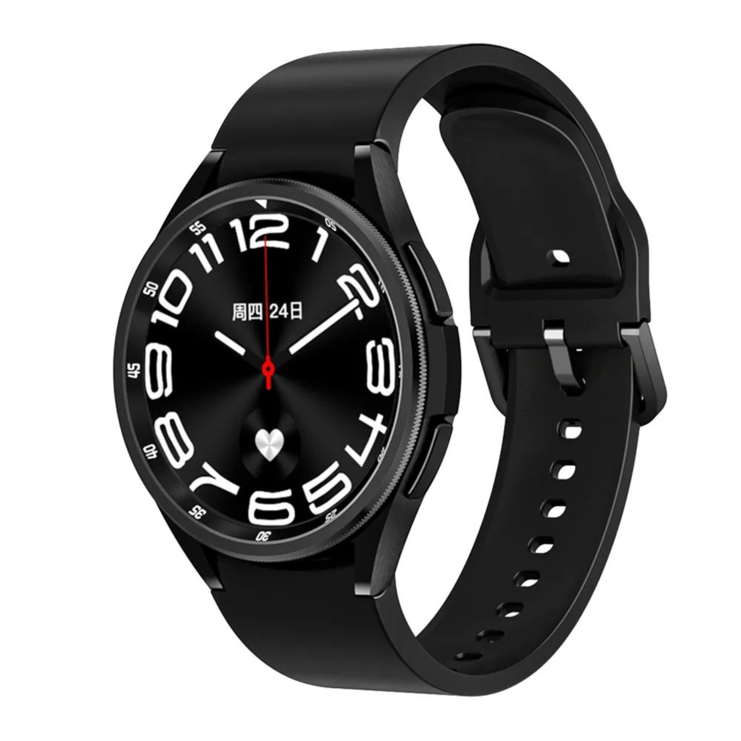 Smartwatch negra con esfera redonda, correa negra. El reloj muestra números, un icono de corazón y texto.