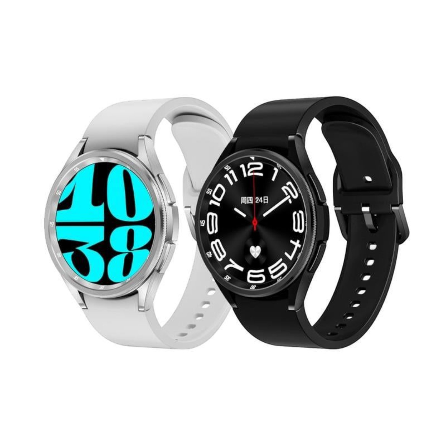 Dos smartwatches: una con banda blanca, pantalla turquesa mostrando 10:38; una con banda negra, pantalla negra con fecha.