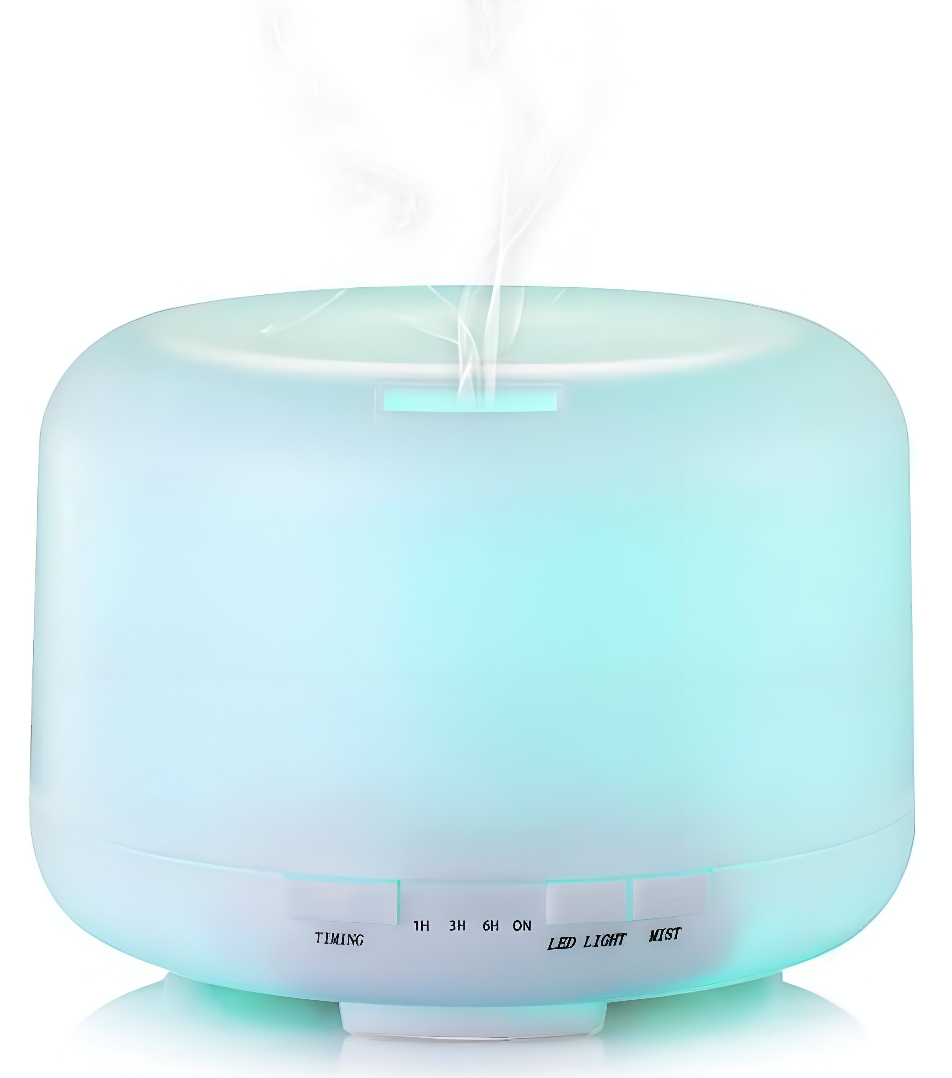 Humidificador blanco con botones y niebla saliendo de arriba. Fondo blanco.
