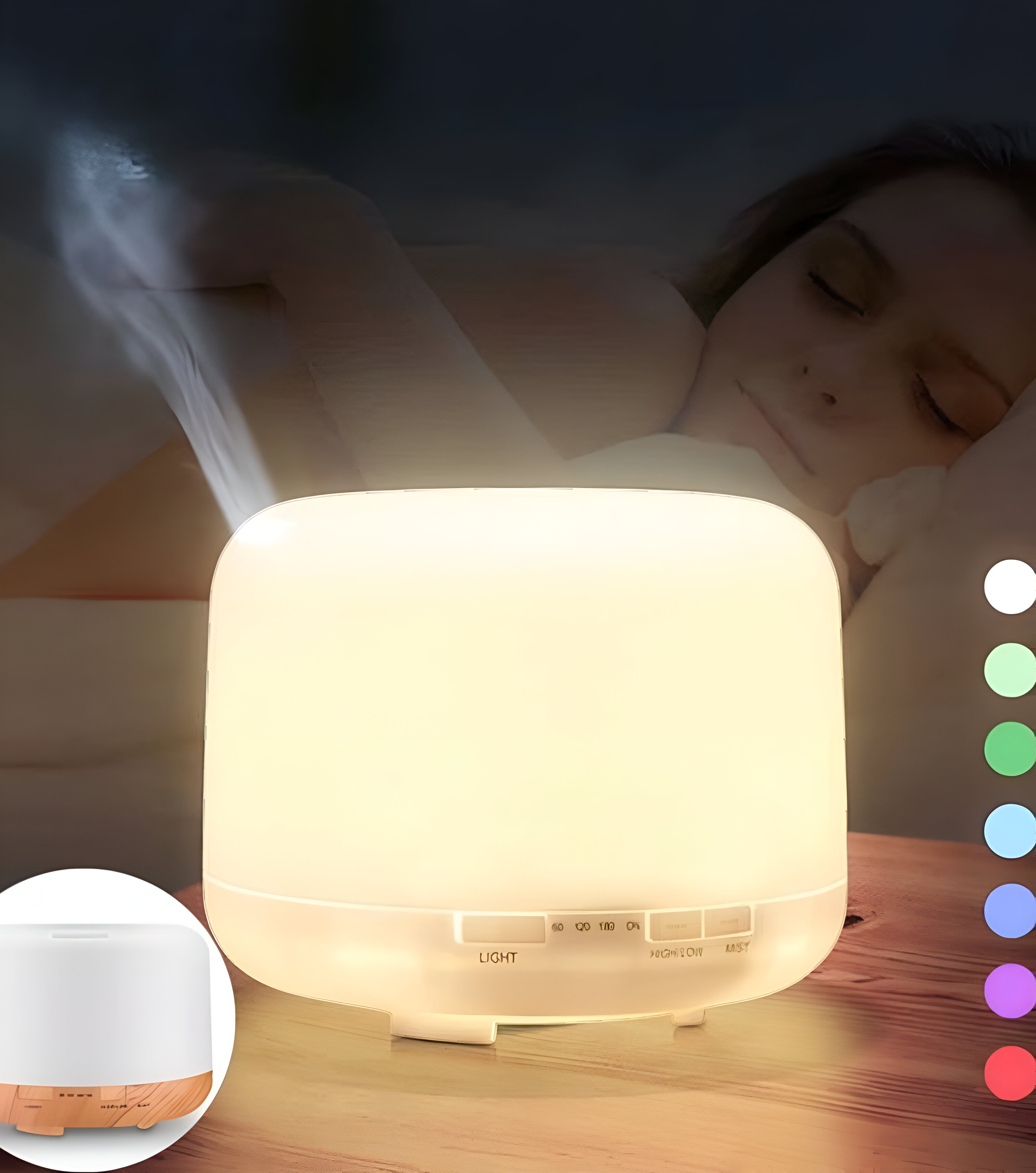 Difusor de aromaterapia blanco con una persona durmiendo al fondo, con diferentes colores de luz.