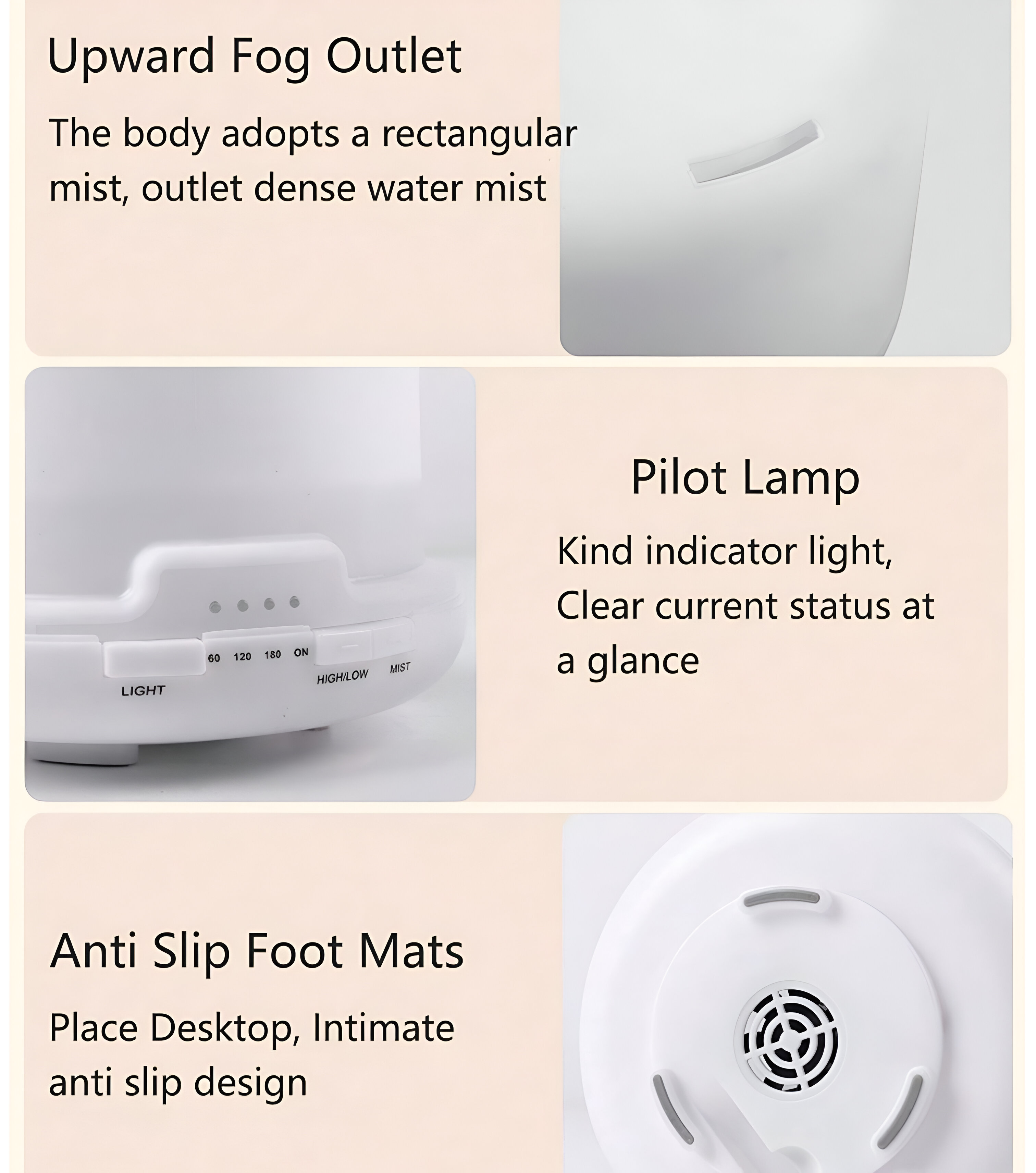 Detalles de primer plano de un humidificador blanco con panel de control e instrucciones, fondo blanco.