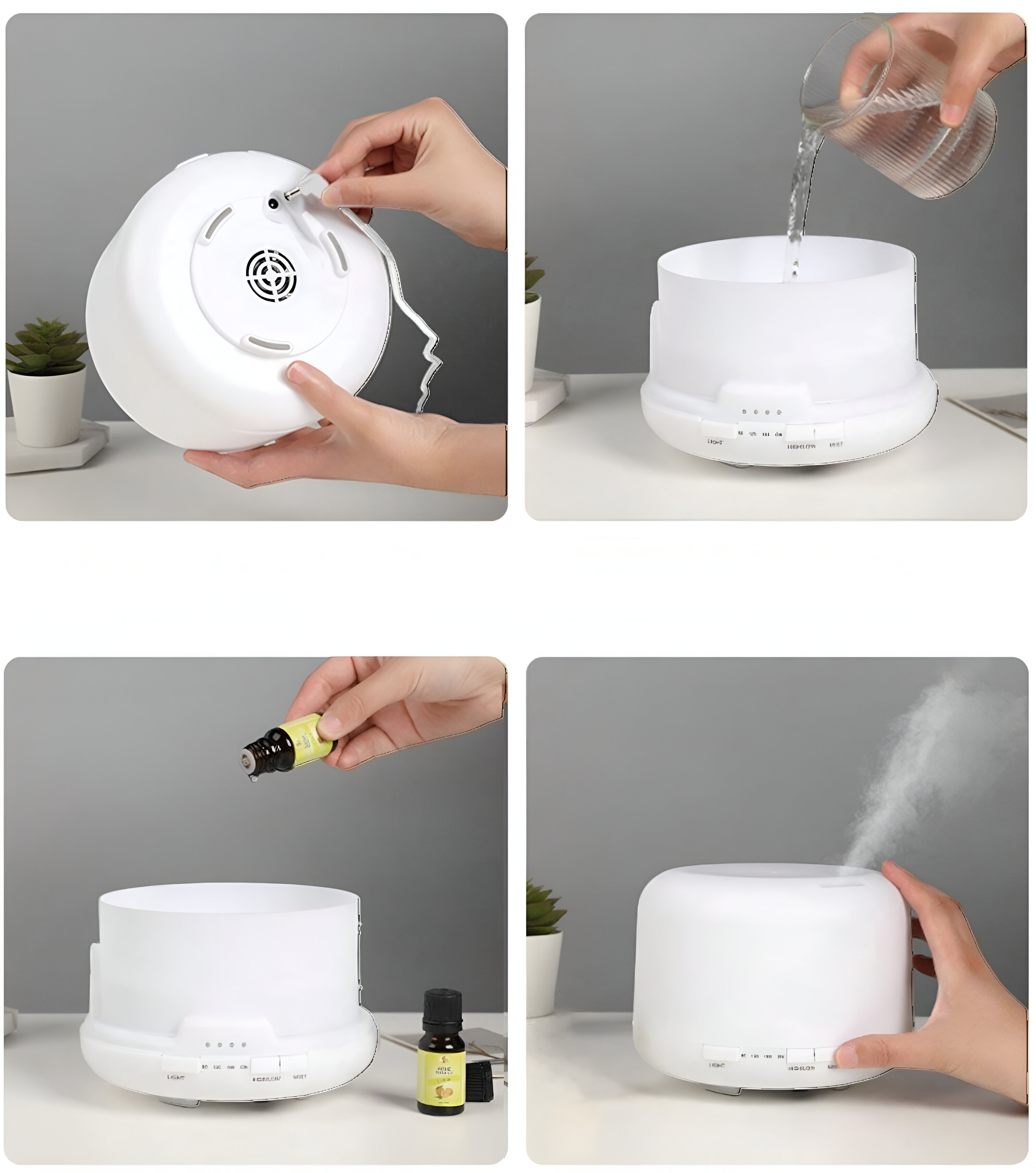 Cuatro imágenes muestran la configuración de un humidificador blanco. Los pasos incluyen conectar la corriente, verter agua y agregar aceite.