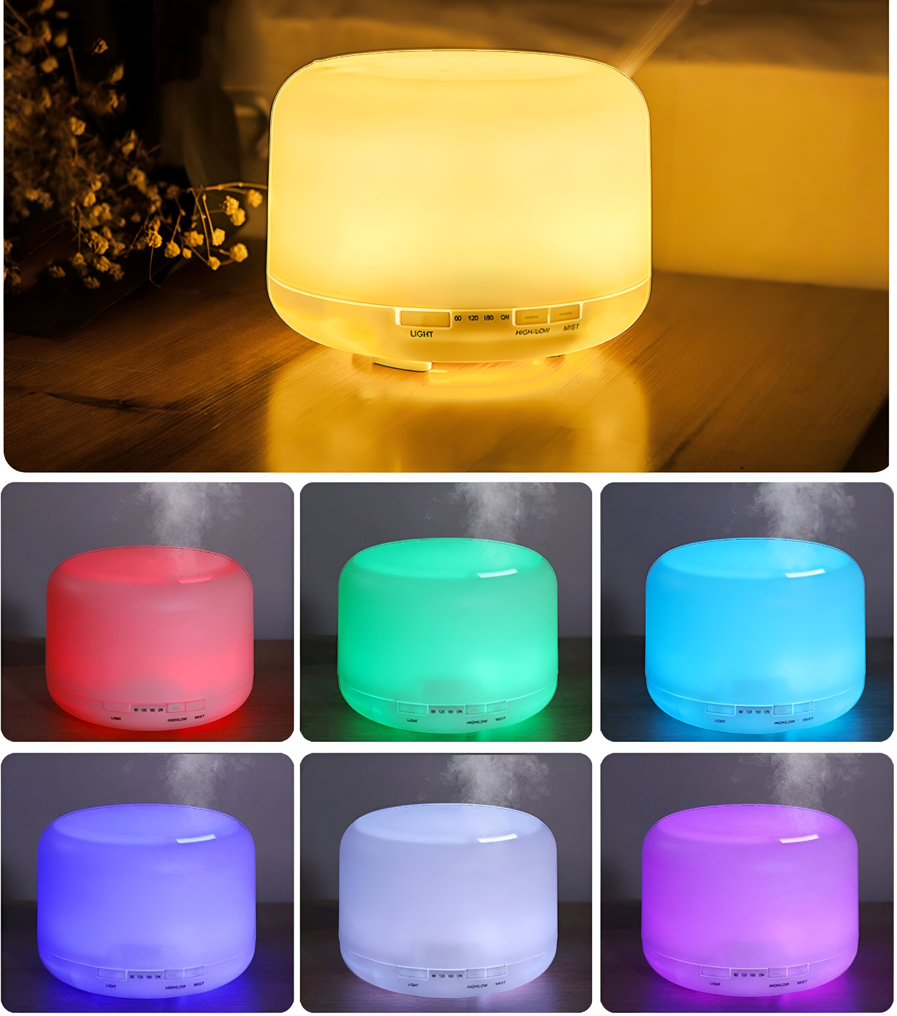 Difusor con luces de colores cambiantes. Varias imágenes muestran diferentes colores: blanco, rojo, verde, azul, morado.