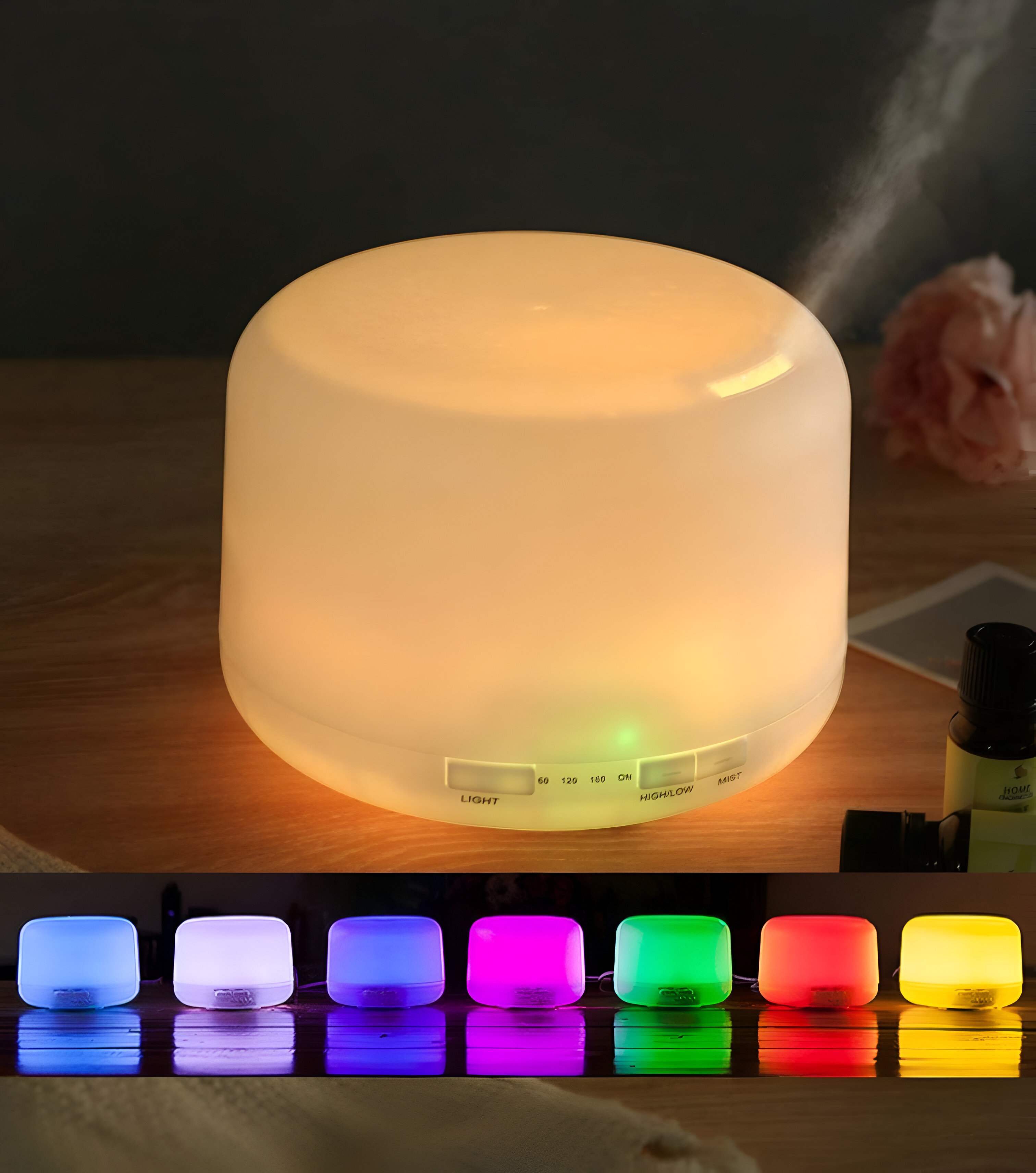 Purificador de aire blanco con luces de colores en su base, con un fondo oscuro.