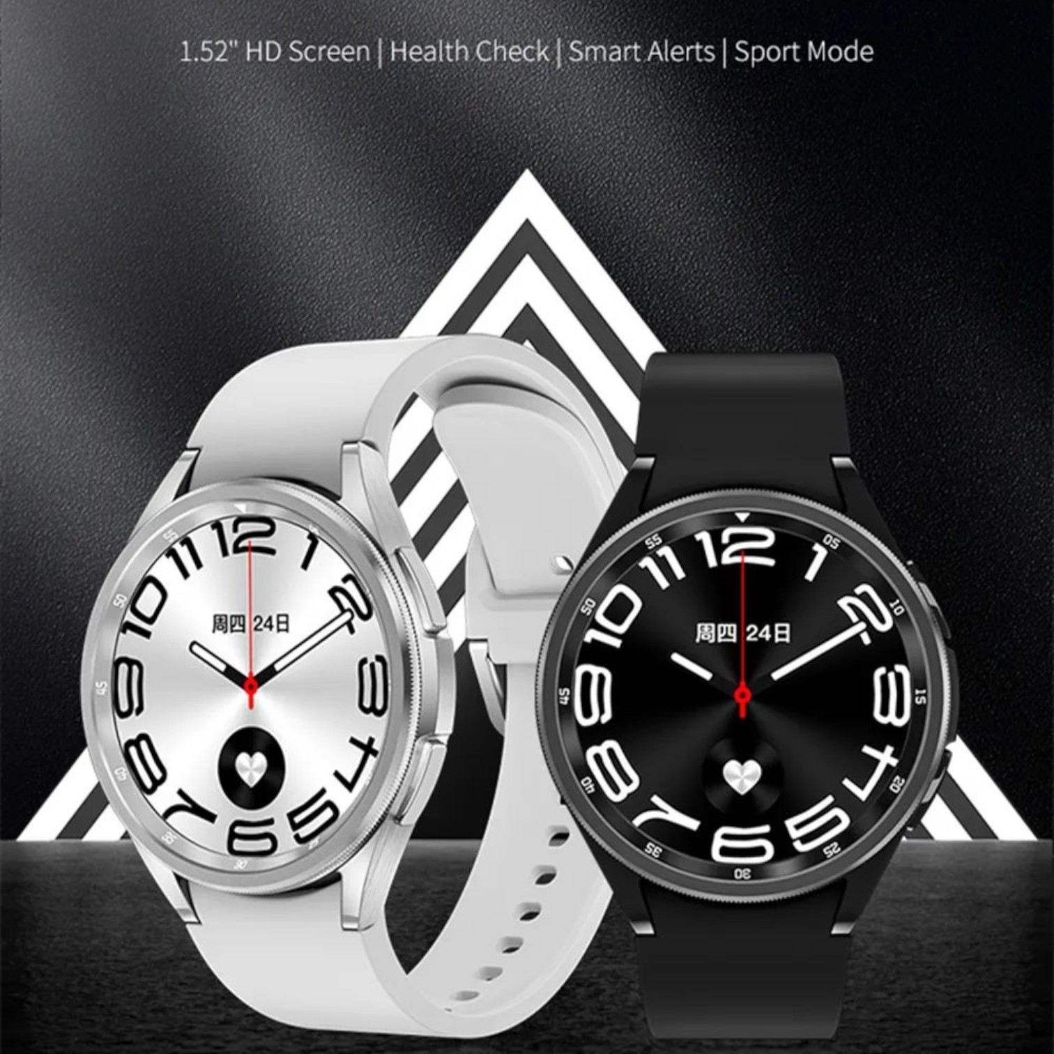 Relojes inteligentes, uno blanco y otro negro, sobre un fondo blanco y negro. Superposición de texto.