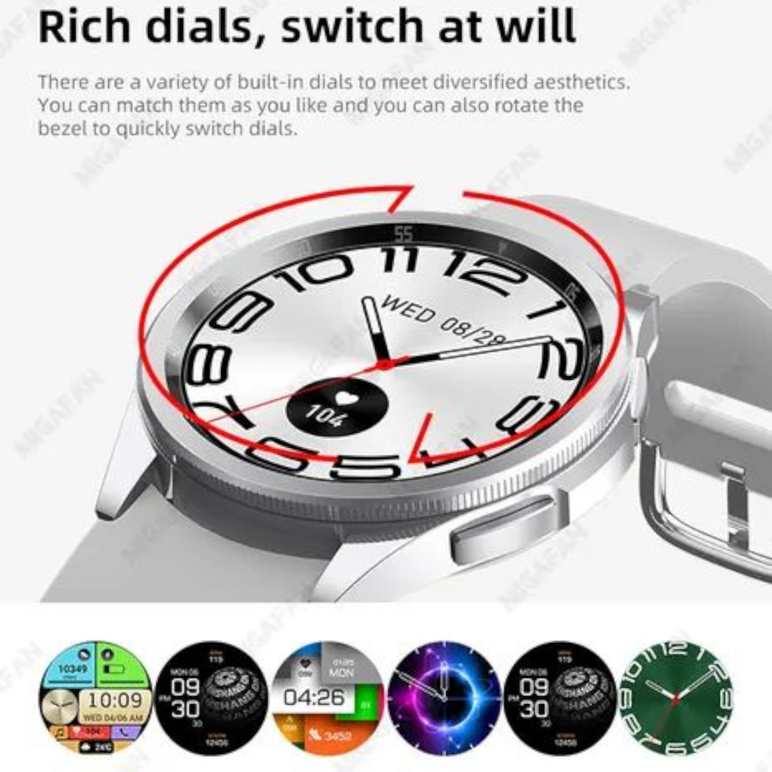 Reloj con bisel giratorio mostrando una variedad de esferas, rodeado de texto, fondo blanco.