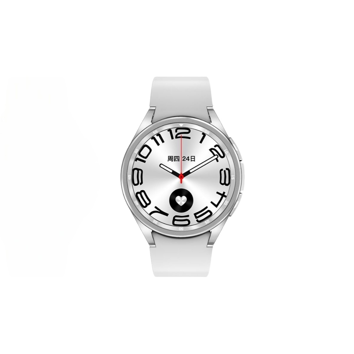 Smartwatch plateado con correas blancas y esfera circular con números y fecha roja.