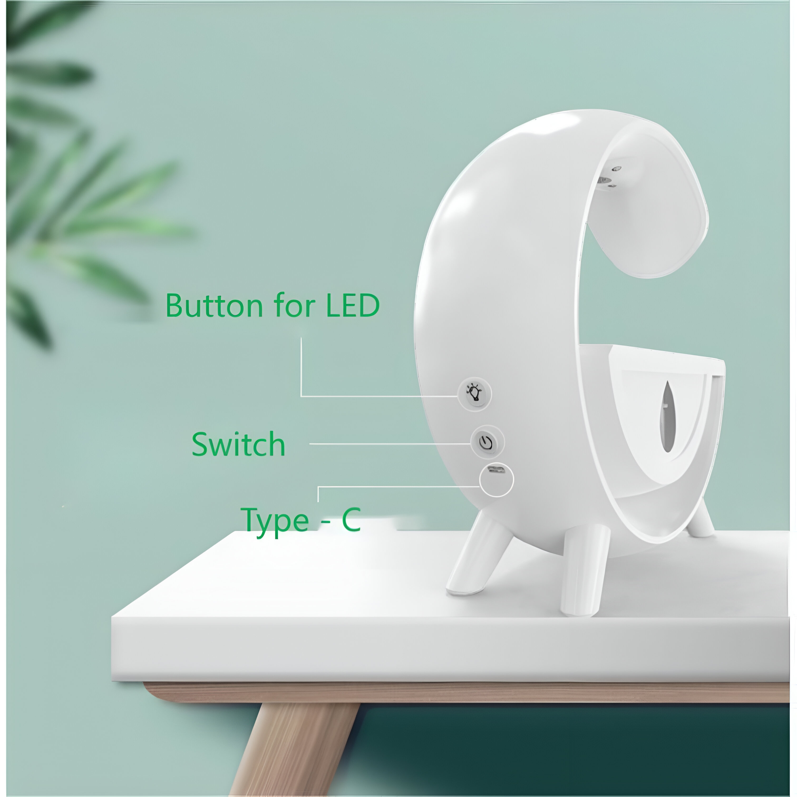 Una lámpara blanca con forma de luna con botones etiquetados 'Button for LED', 'Switch' y 'Type-C'.
