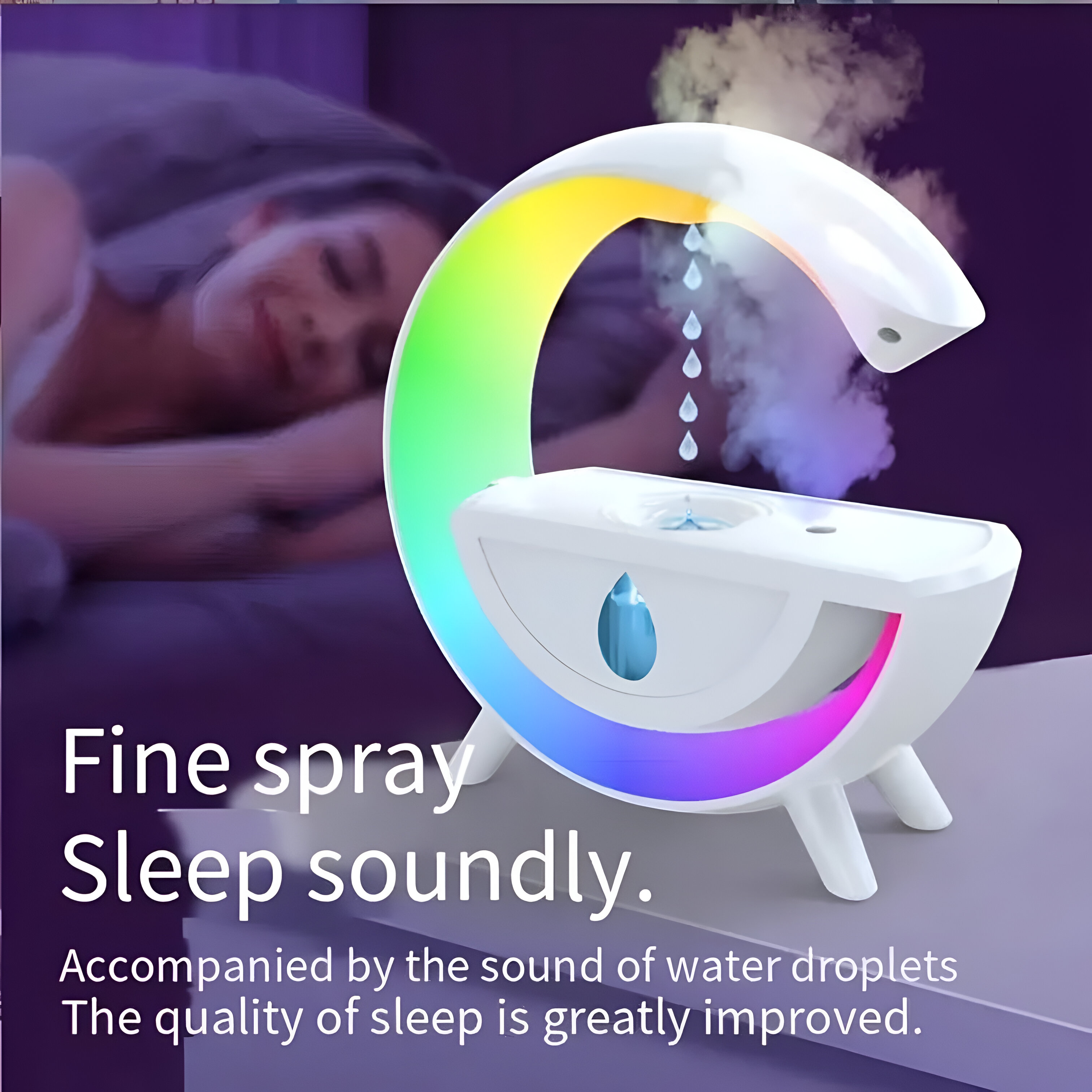 Humidificador blanco con luz arcoíris y gotas de agua. Texto.