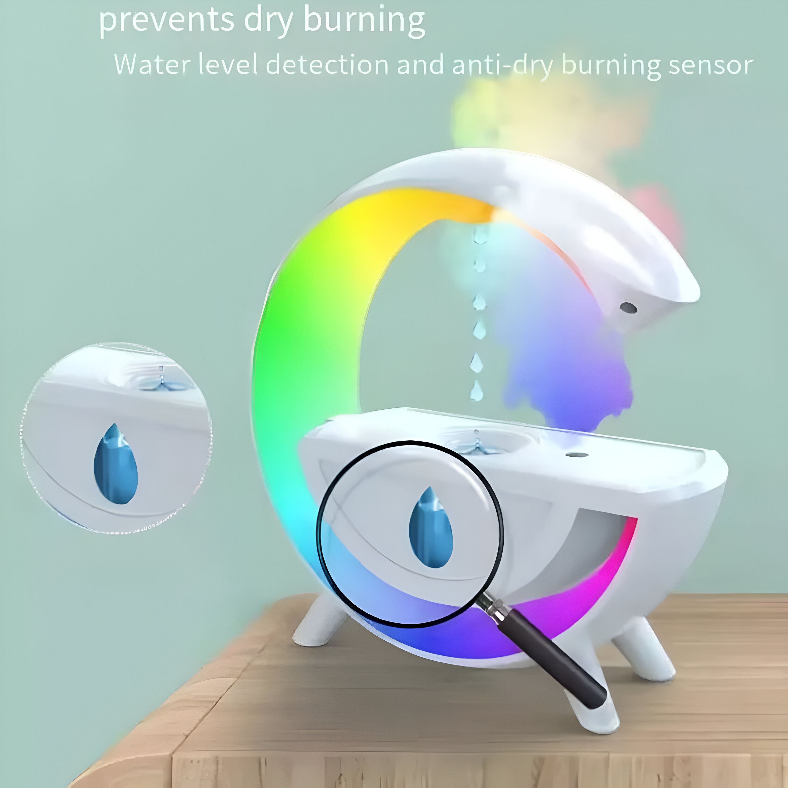 Un humidificador blanco con luz de arcoíris, gotas de agua y una lupa.