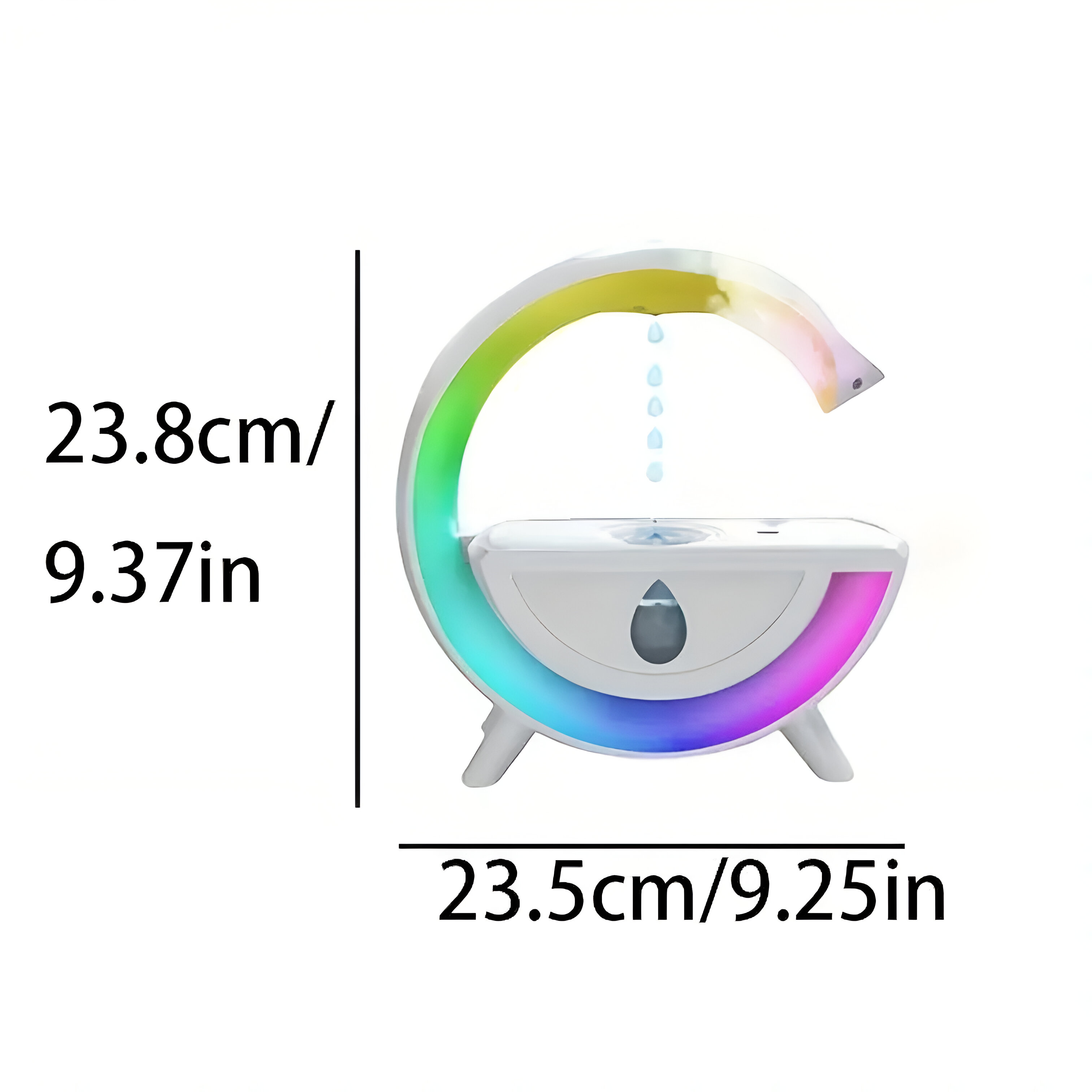 Una lámpara blanca y de colores arcoíris con dimensiones, con texto que indica 23,8 cm/9,37 pulgadas y 23,5 cm/9,25 pulgadas.