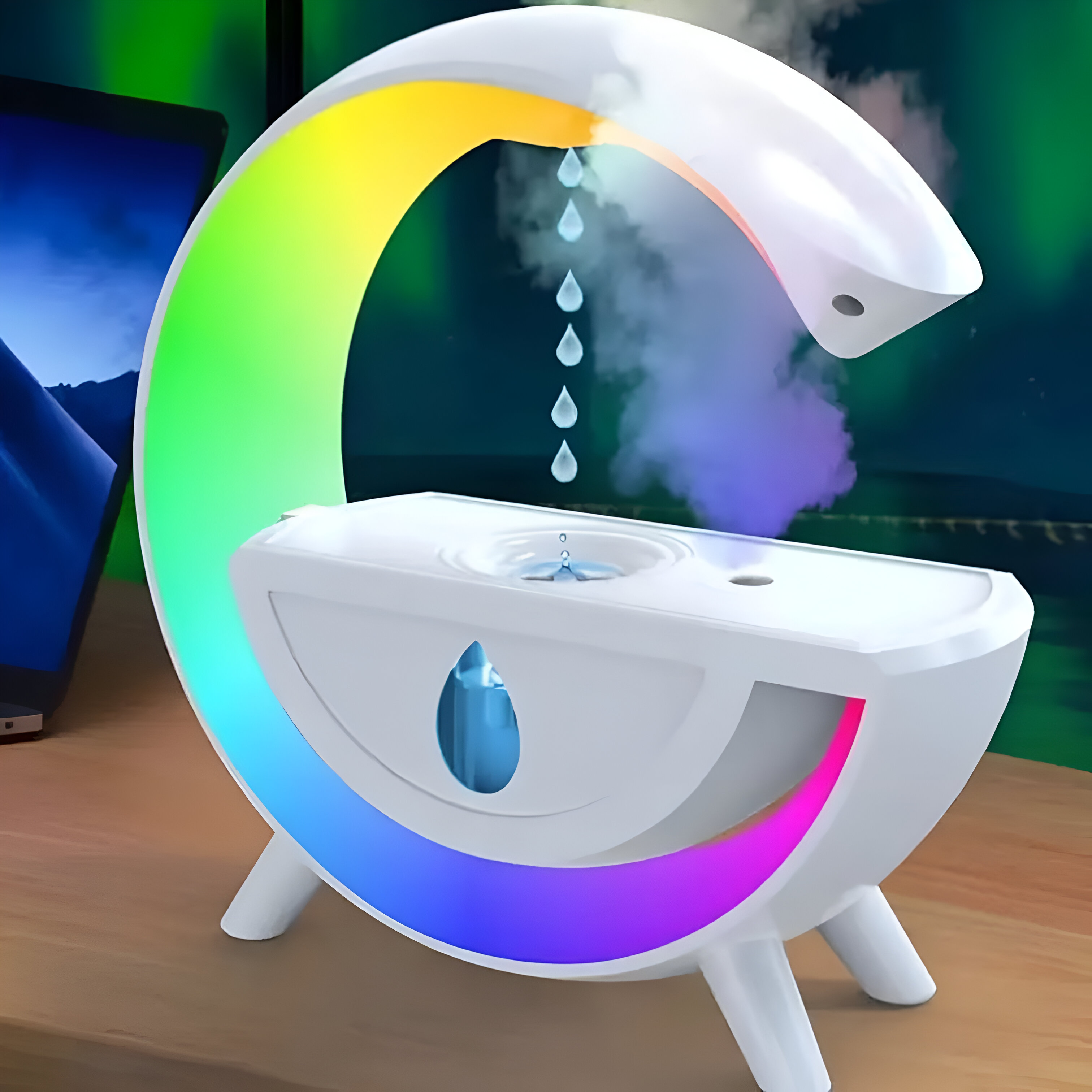 Humidificador blanco con luz de arcoíris, gotas de agua y vapor.