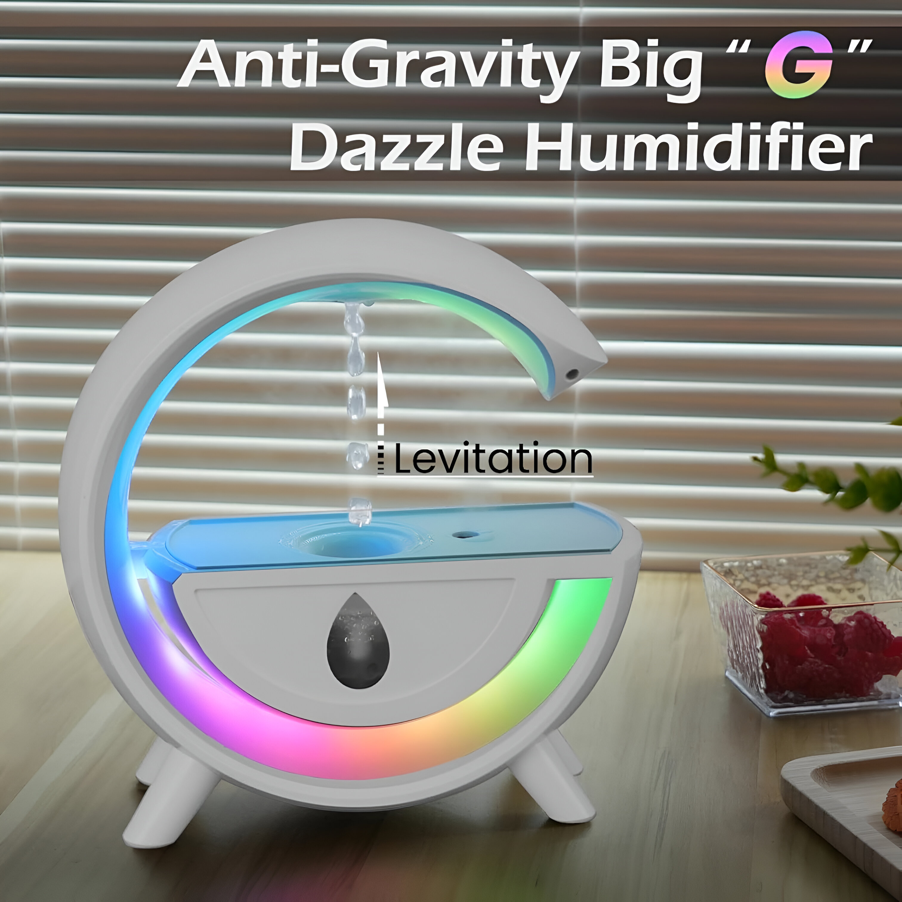 Un humidificador blanco con efecto de agua levitando, luces LED coloridas.