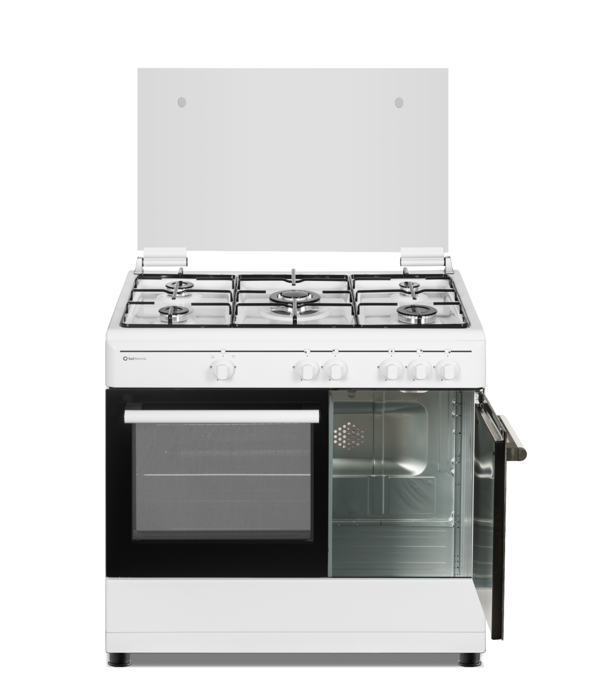 Estufa blanca con puerta del horno abierta. Tiene seis quemadores y tapa de cristal.