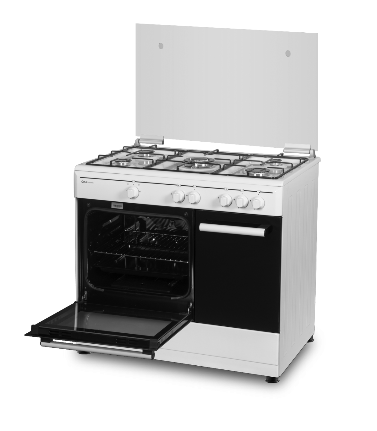 Horno blanco con puerta abierta, mostrando el interior y quemadores arriba, con fondo negro.