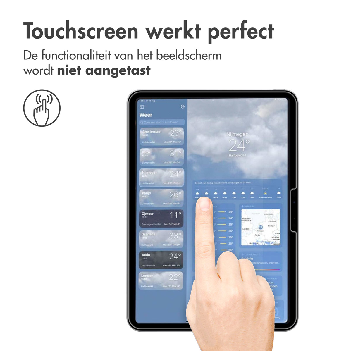 Tablet con touchscreen che mostra l'app meteo, evidenziando la perfetta funzionalità touch.