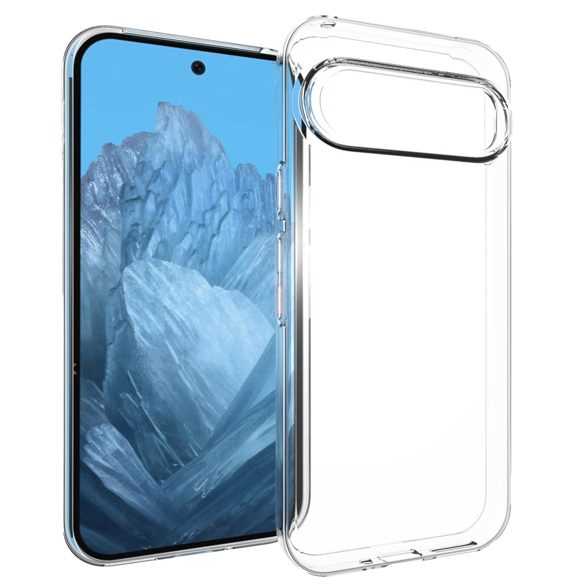 Transparante telefoonhoes die een telefoon beschermt met een blauw scherm dat een afbeelding weergeeft.