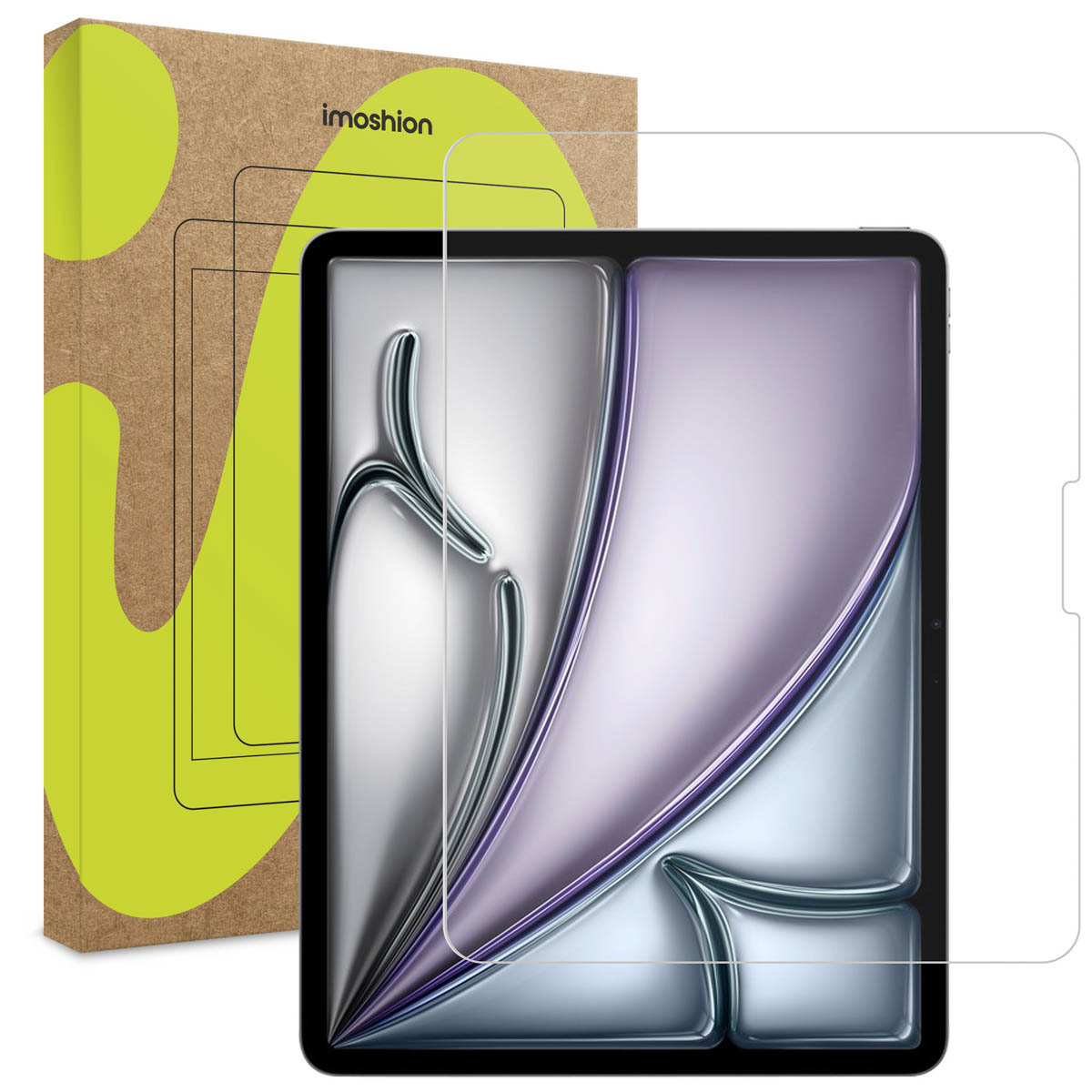 Proteggi schermo per iPad con una scatola. L'iPad mostra un design viola e bianco.
