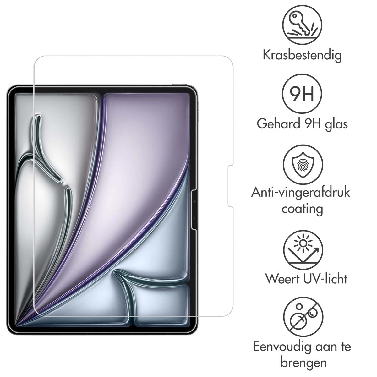 Una protezione schermo trasparente per un tablet. Caratteristiche: resistenza ai graffi, vetro 9H e rivestimento anti-impronta.