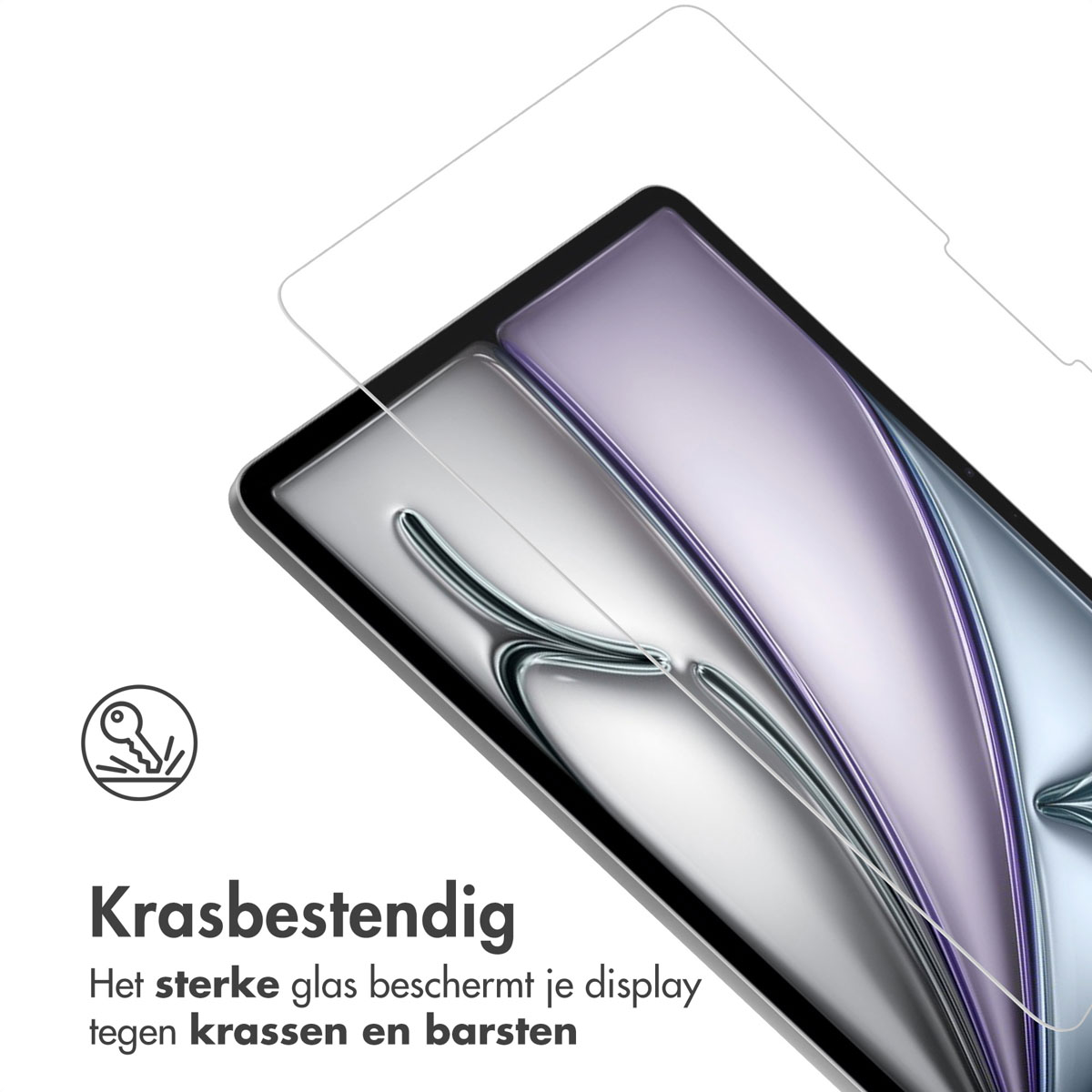 Tablet con protezione schermo applicata. Protezione schermo trasparente sullo schermo. Testo che dice resistente ai graffi.