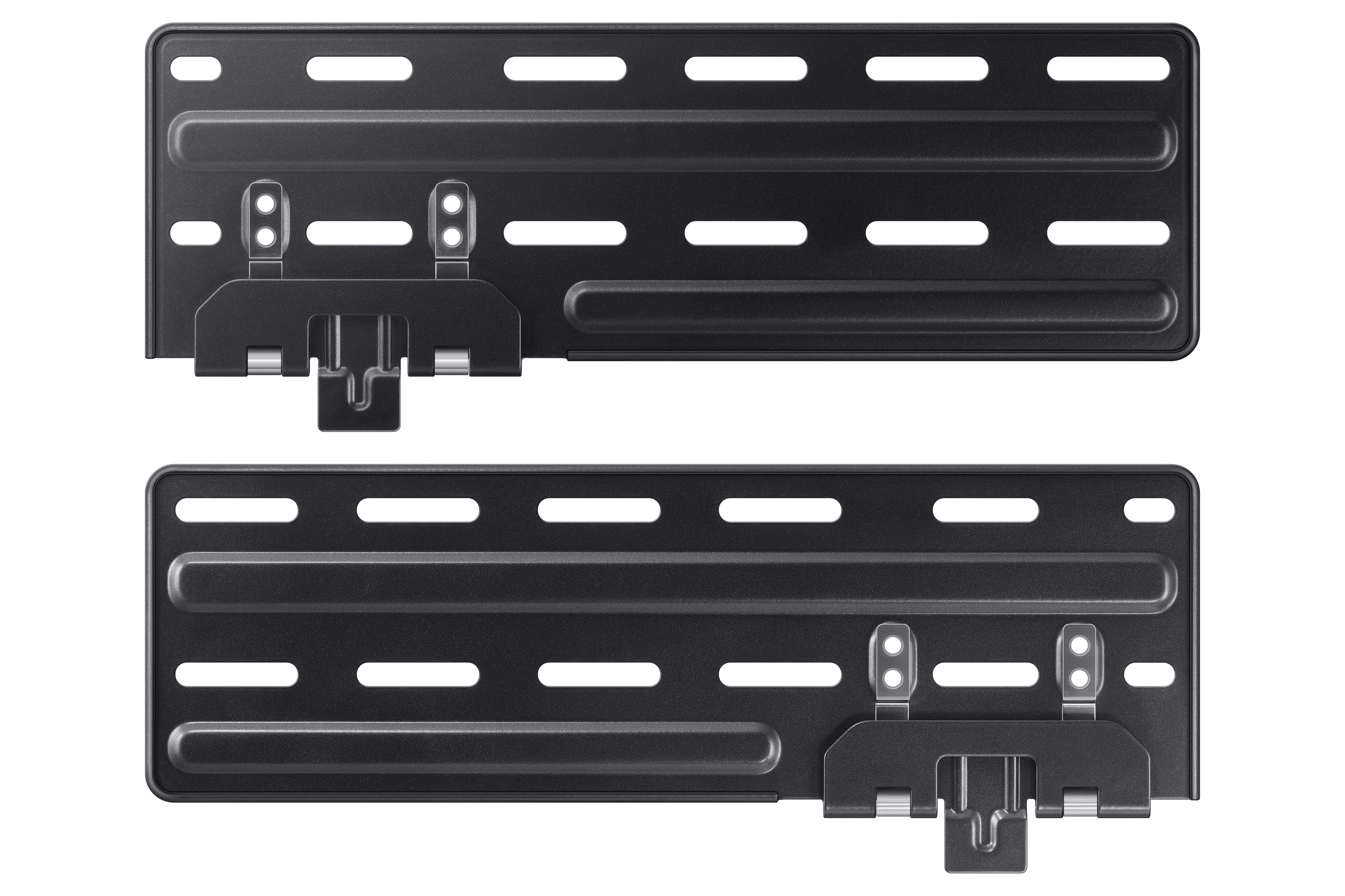 Dwa czarne uchwyty ścienne do telewizora na białym tle. Każdy uchwyt ma unikalny design.