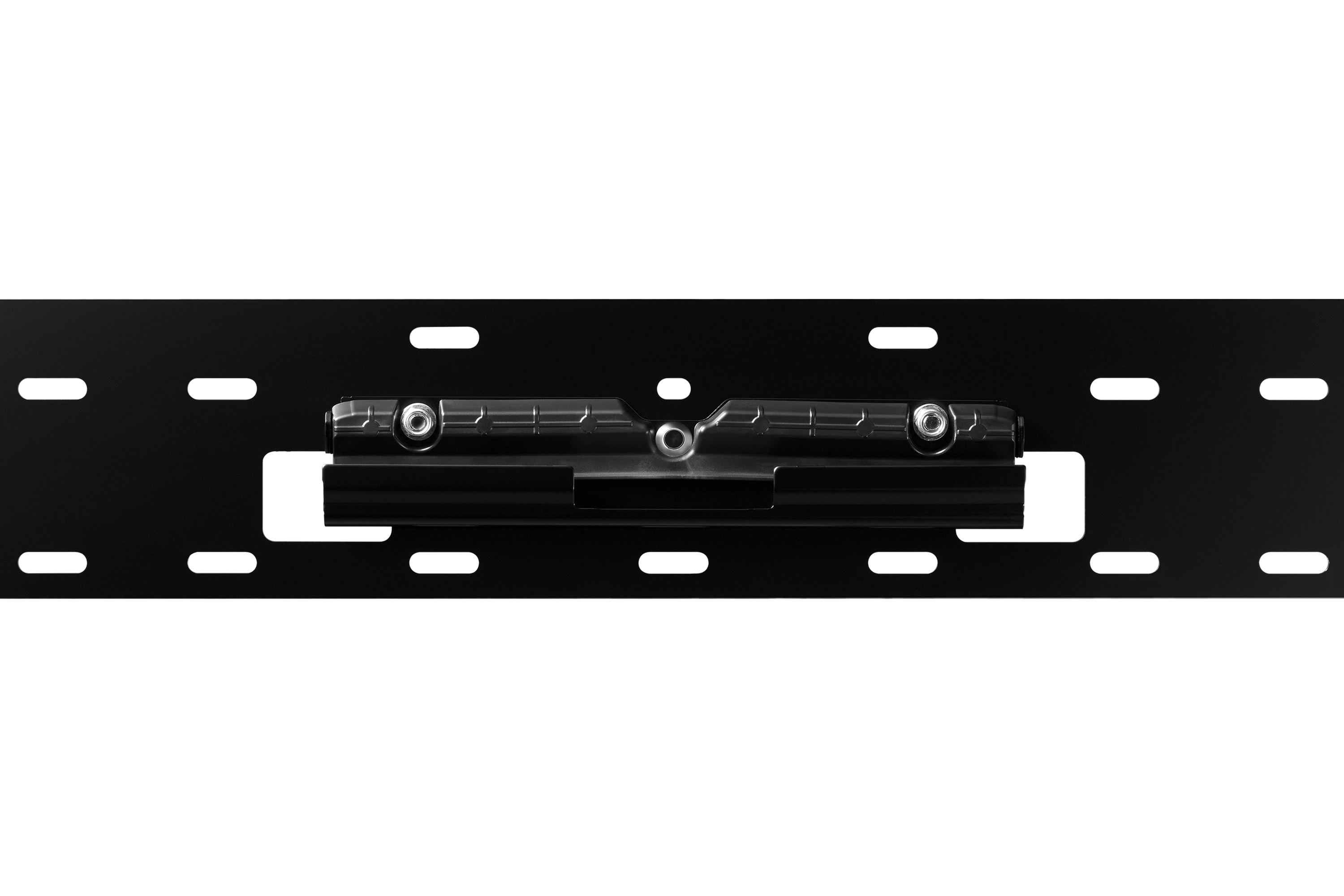 Zwarte metalen tv-beugel met montagehardware. Witte achtergrond.