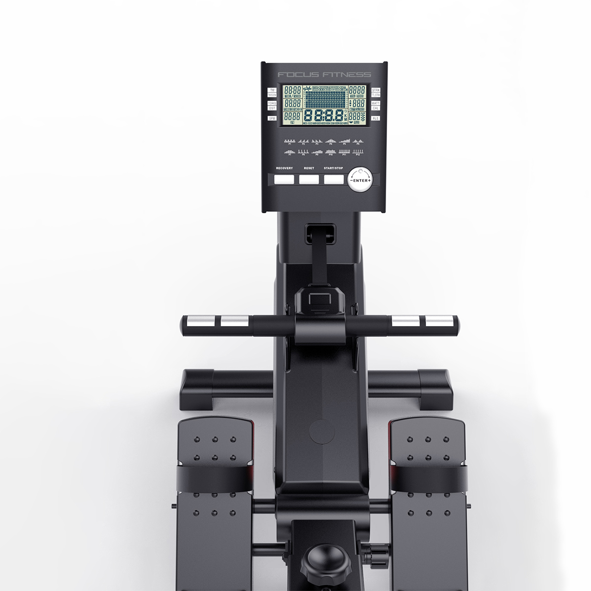 A black rowing machine against a white background. The display shows numbers and buttons.