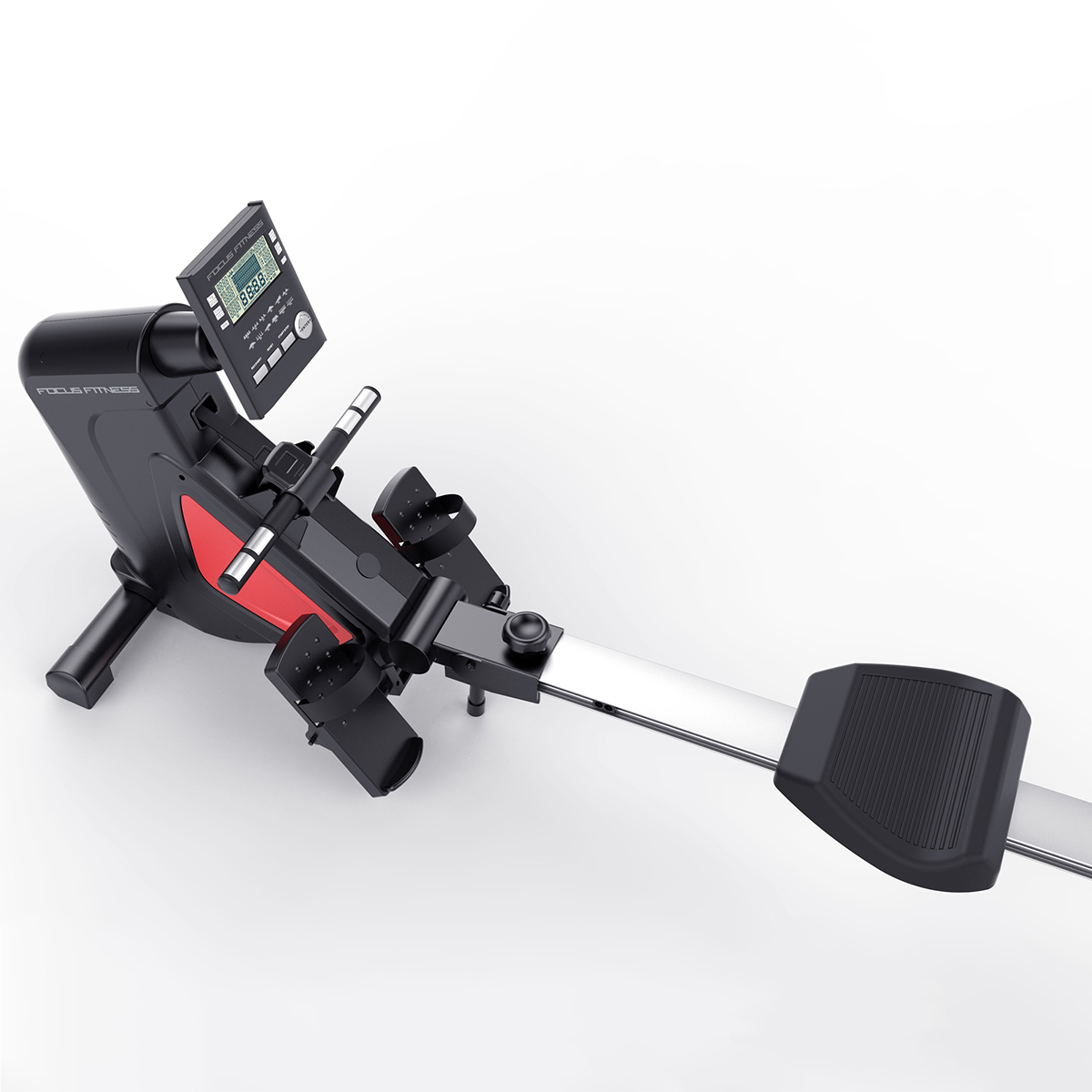 Rowing machine on a white background. Black and red design with a digital display. The seat and footrests are visible.
