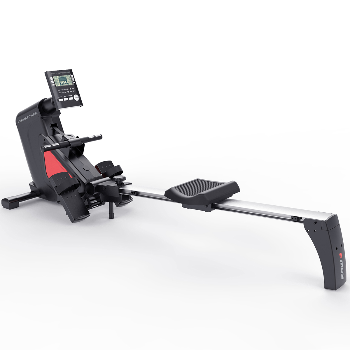 Black and red rowing machine with a digital display, ready for exercise.
