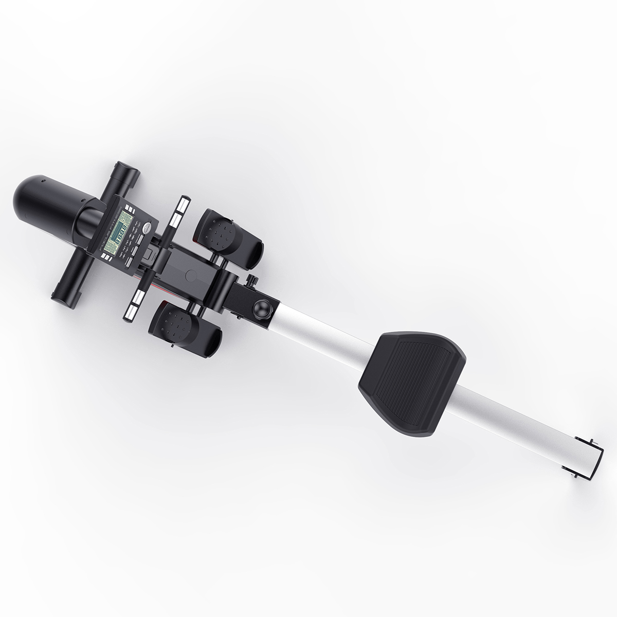 Exercise machine with a seat and handles, seen from above, on a white surface.