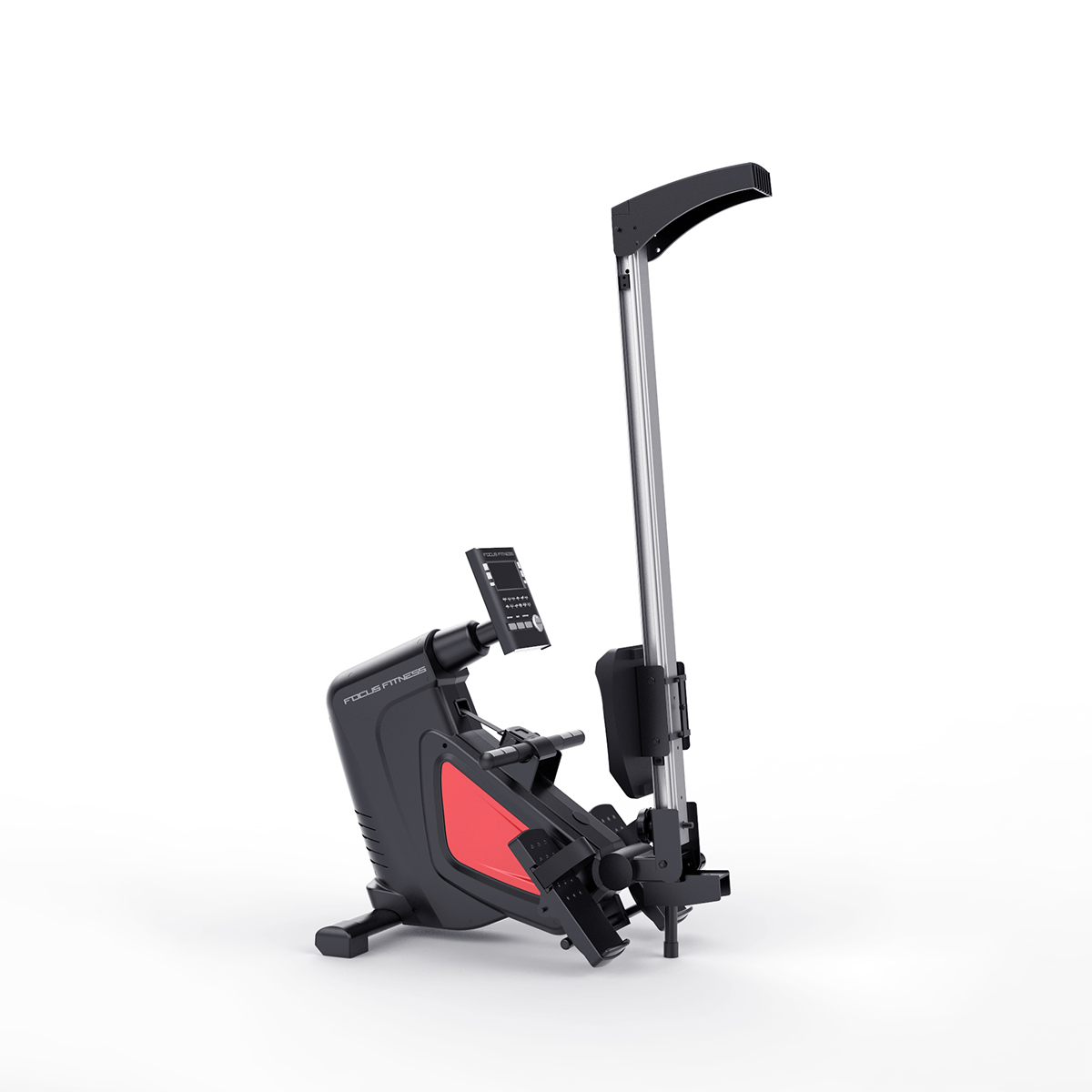 A black and red rowing machine on a white background, showing the machine's various parts.
