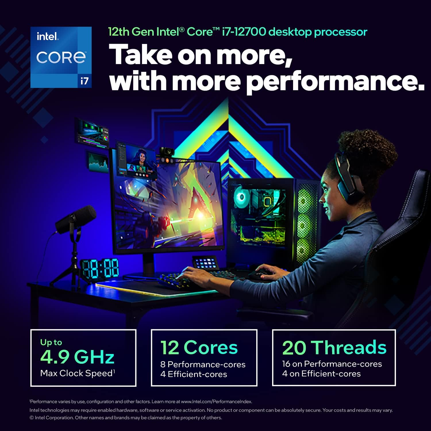 Imagen con texto y gráficos detallando un procesador Intel Core i7 para escritorio, con configuración gaming.