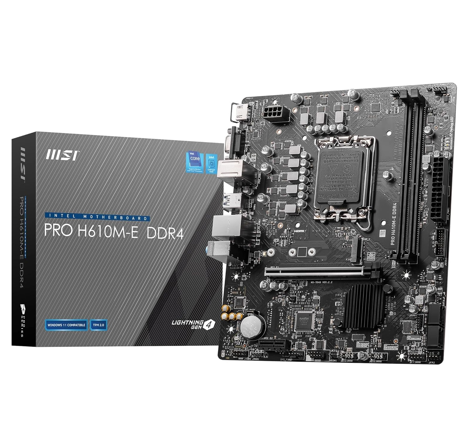 Placa base MSI Pro H610M-E DDR4 con caja. Colores negro y gris. Componentes visibles.