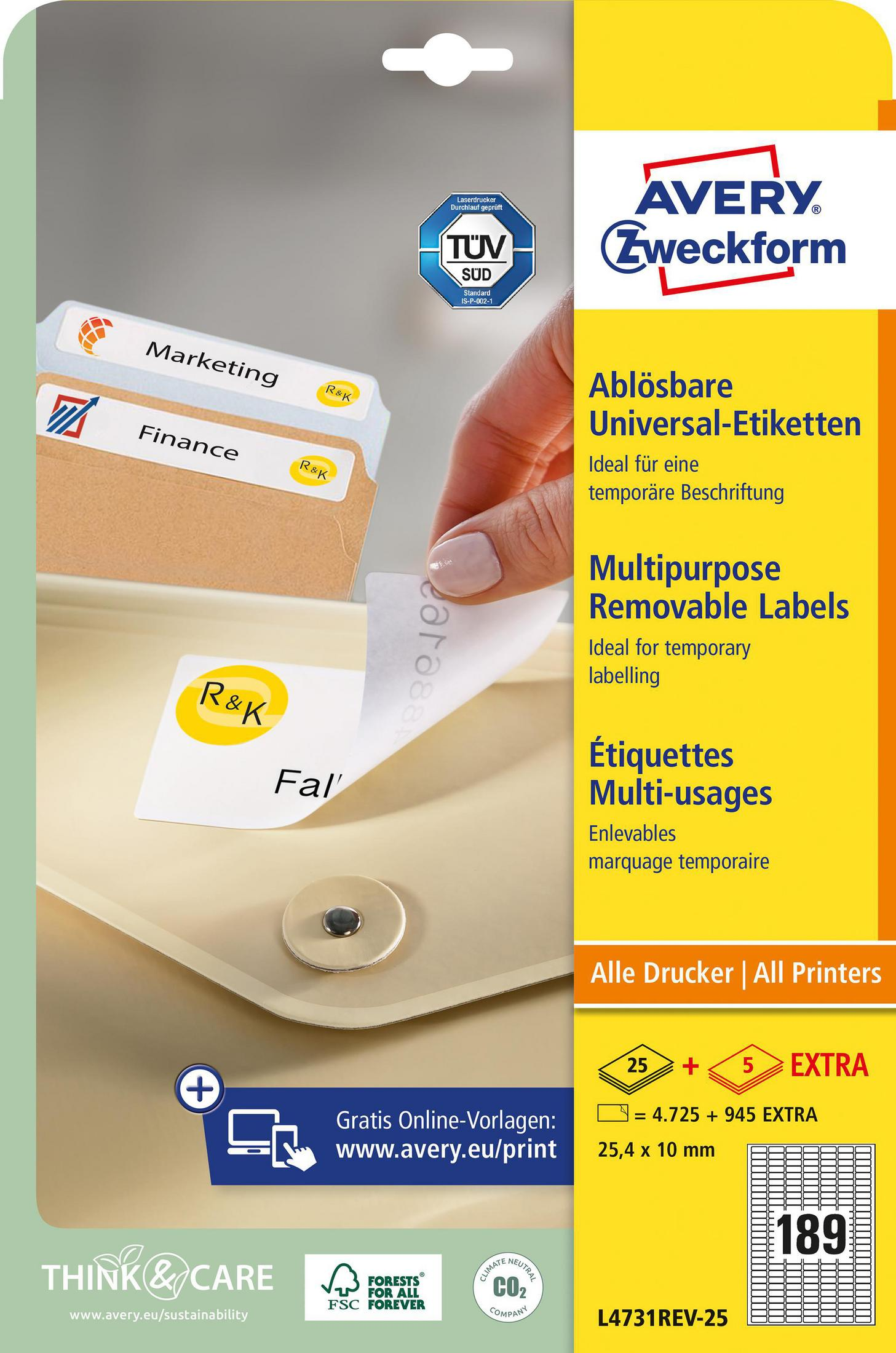 Eine Hand, die ein Etikett von einem Pad abzieht. Das Etikett trägt die Aufschrift 'Finance' und 'R&K'.