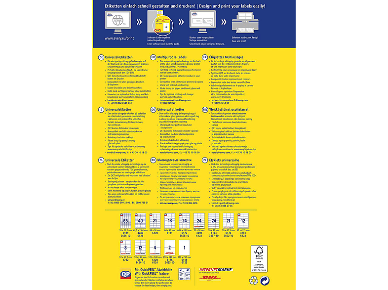 AVERY Zweckform 6119 universele etiketten (met ultragrip, 210 x 297 mm op DIN A4, mat papier, bedrukbaar, zelfklevend, 30 zelfklevende etiketten op 30 vellen), wit