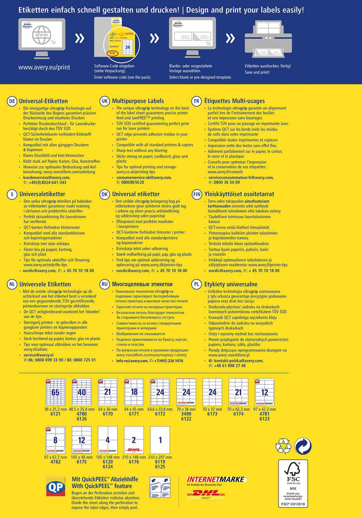 Avery-Etikettenbogen. Texte und Diagramme auf Englisch, Deutsch, Französisch, Dänisch, Finnisch und Niederländisch.