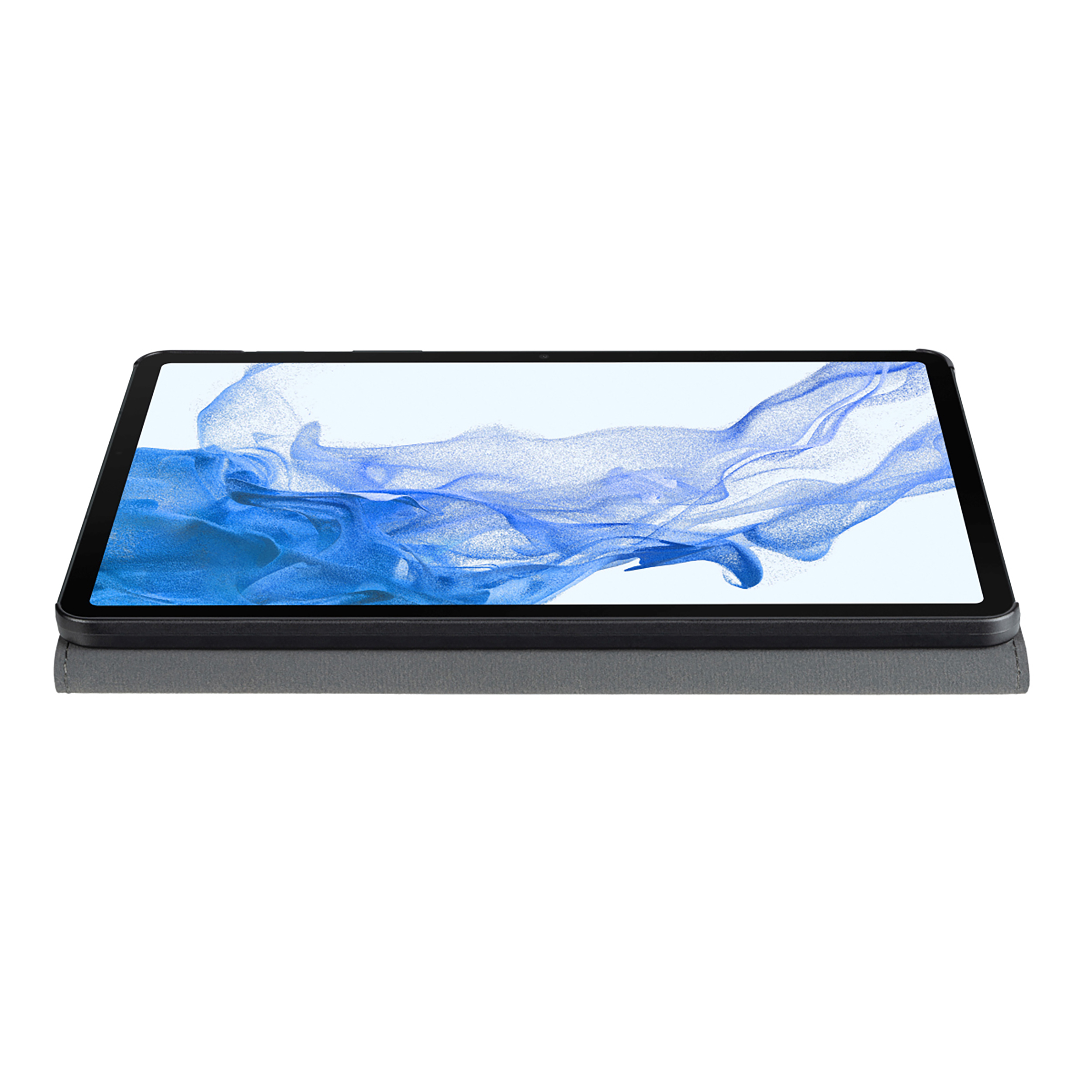 Seitenansicht eines Tablets in einem dunkelgrauen Gehäuse, das ein blaues, wellenförmiges abstraktes Bild zeigt.