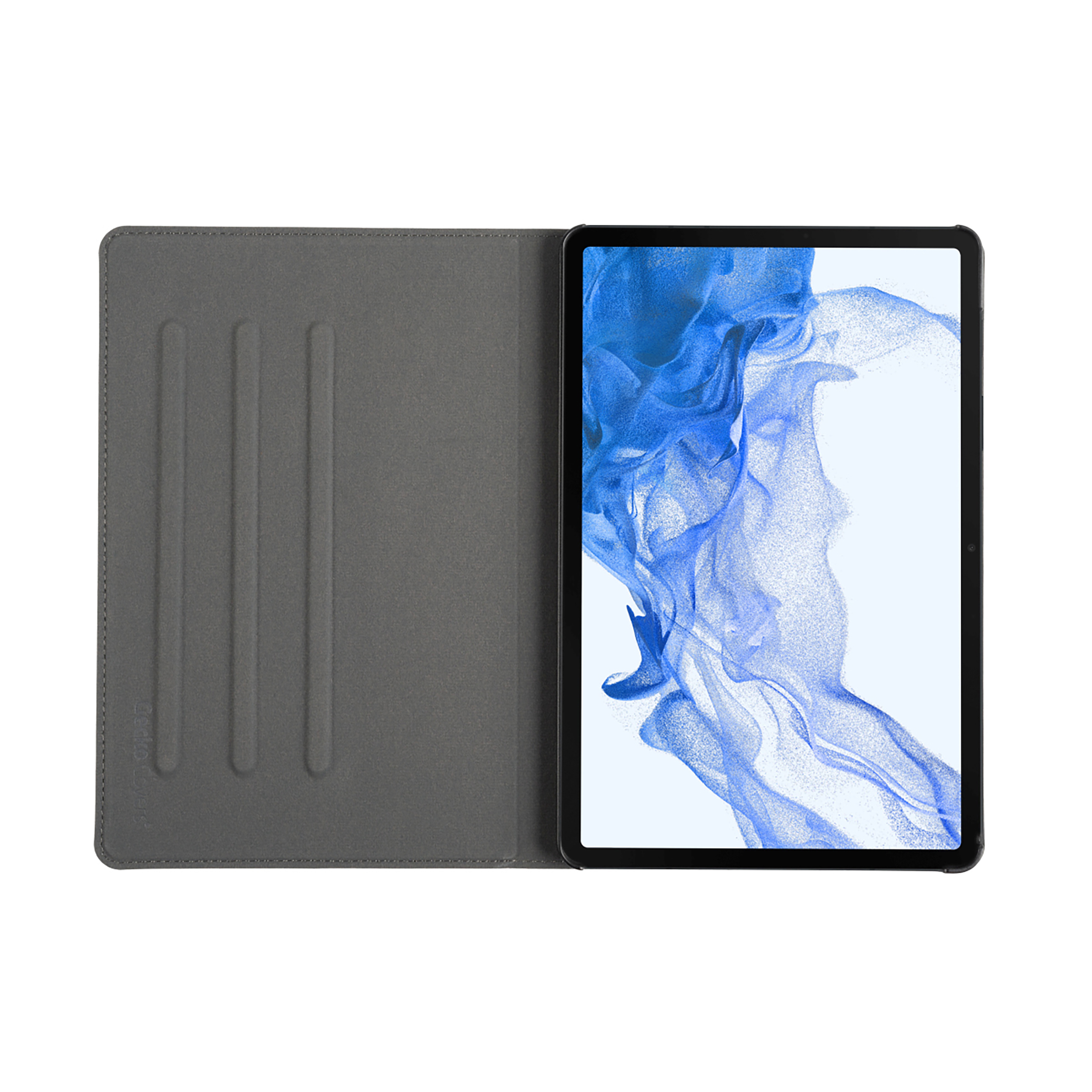 Graues Tablet in offenem Etui. Der Bildschirm zeigt ein blaues und weißes abstraktes Design.