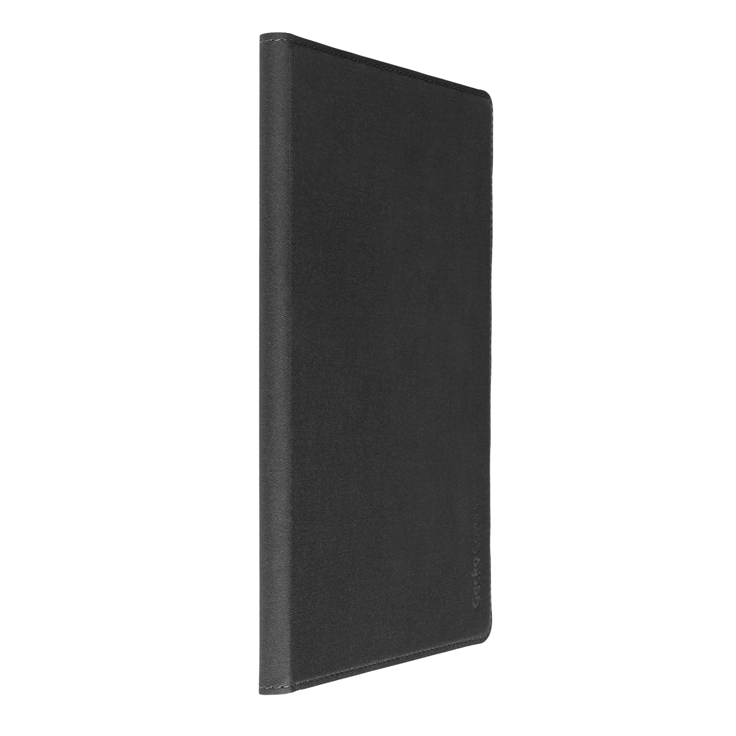 Eine schwarze Tablet-Hülle, die aufrecht steht. Sie hat eine dunkle Abdeckung mit leicht angewinkelter Ansicht.
