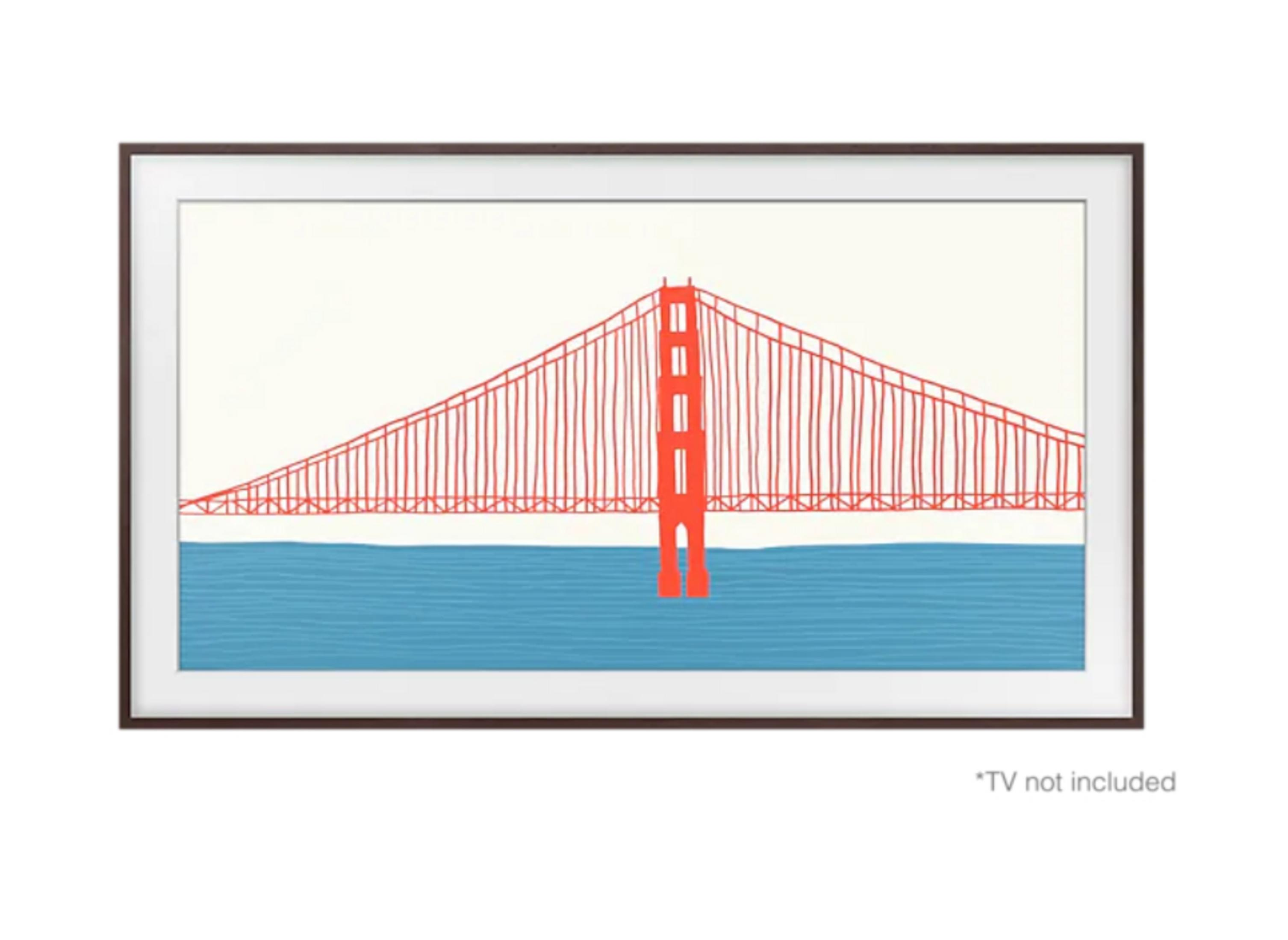 Ilustracja mostu Golden Gate w kolorze czerwonym, nad niebieską wodą, w ciemnobrązowej ramie.